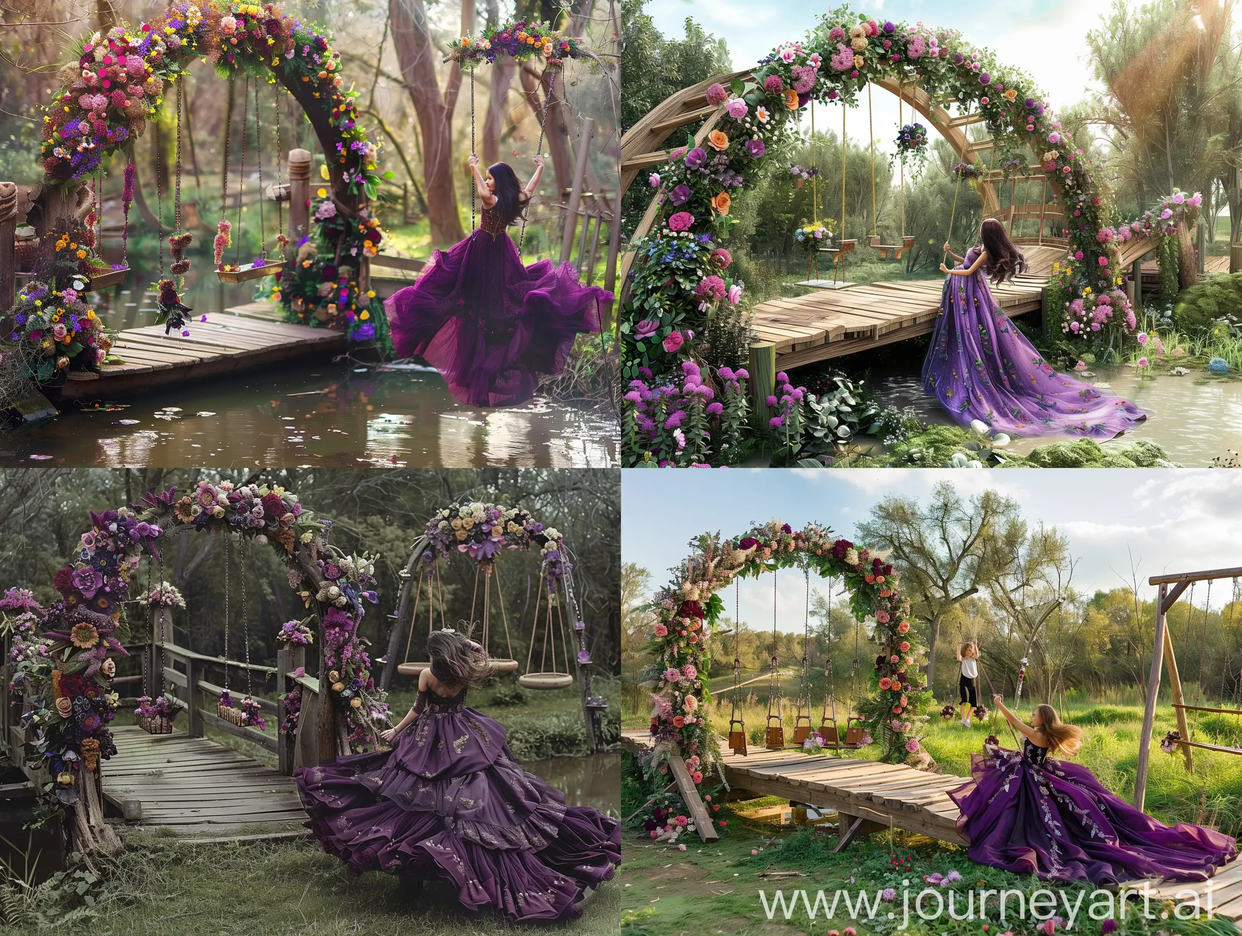 деревянный мостик на нем стоит арка украшенная цветами рядом висят качели украшенные цветами и на них качается девушка в длинном пышном фиалковом платье