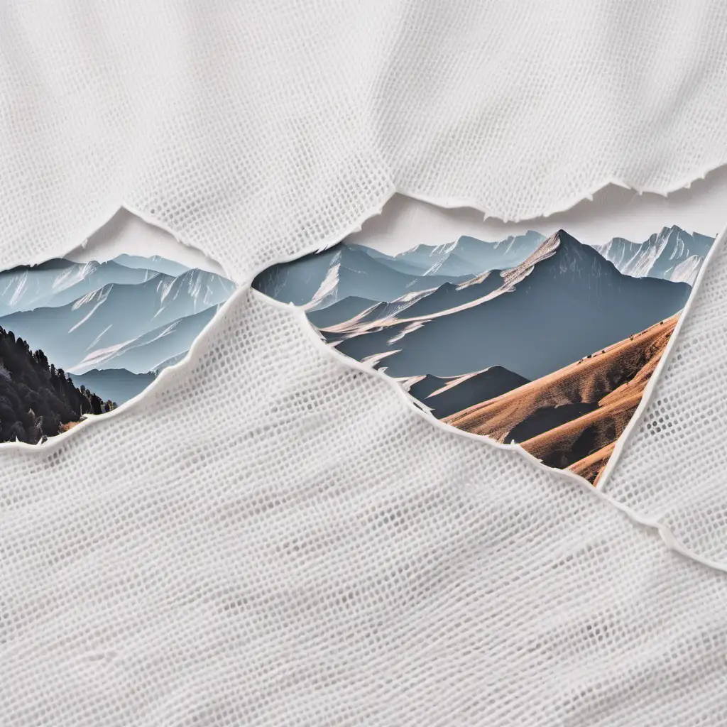4 diagonal rips in white fabric and through them you can see mountain landscape. 