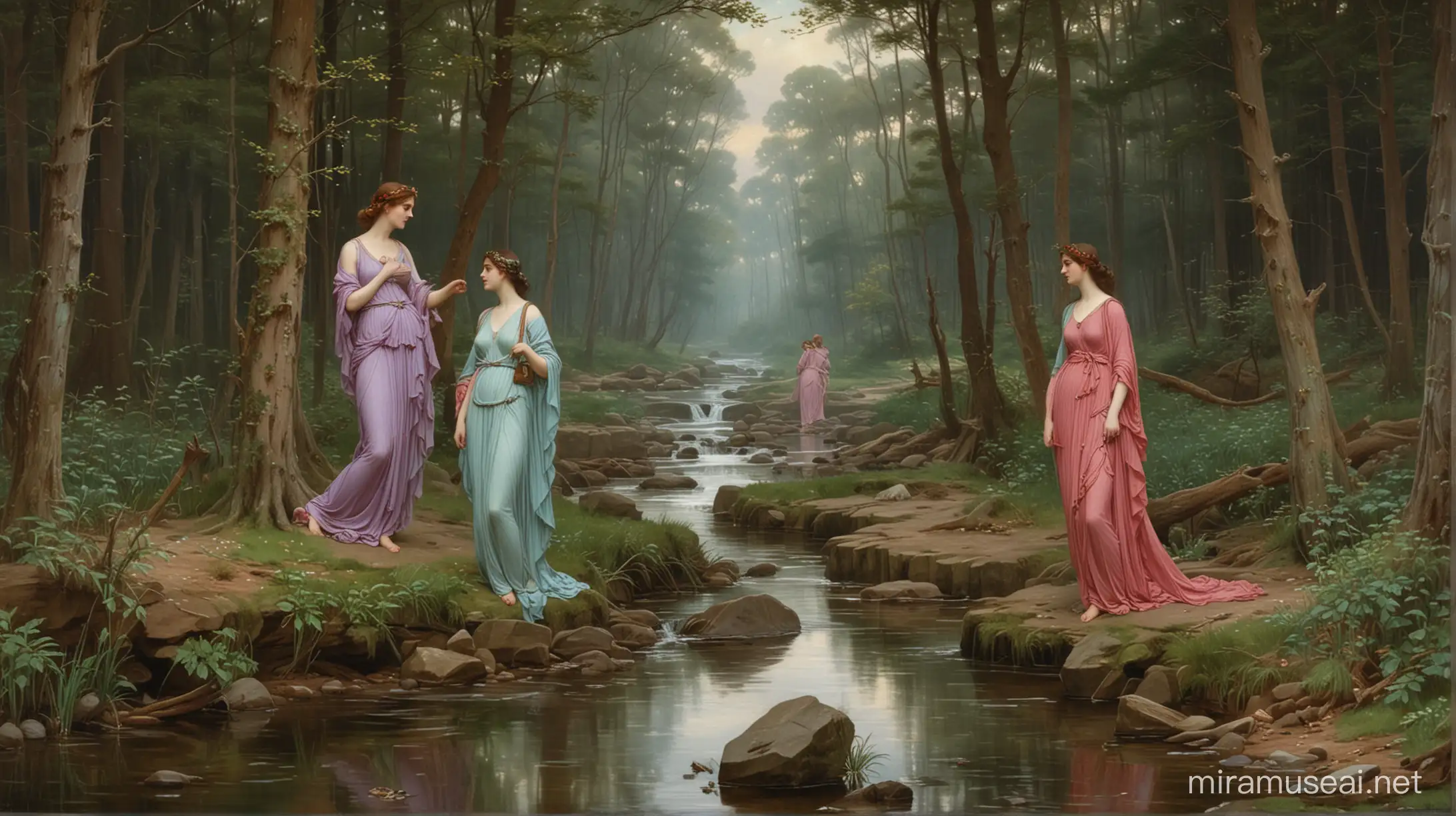 three muses in the wooded forest near a stream,,, John Willam Waterhouse.