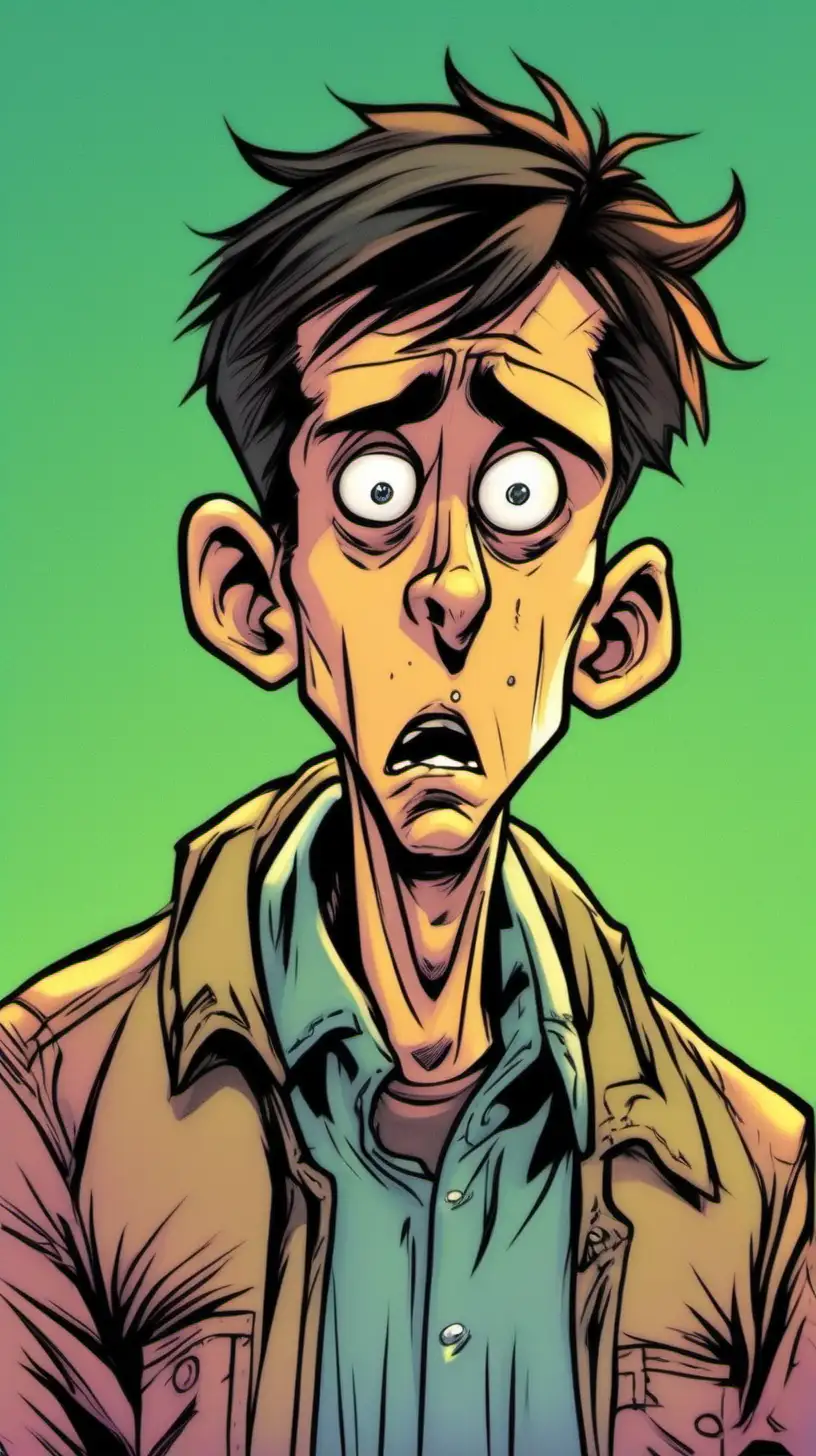 cartoony,  color.  Medium shot up of a guy with a baffled look on his face.  Looks directly at camera