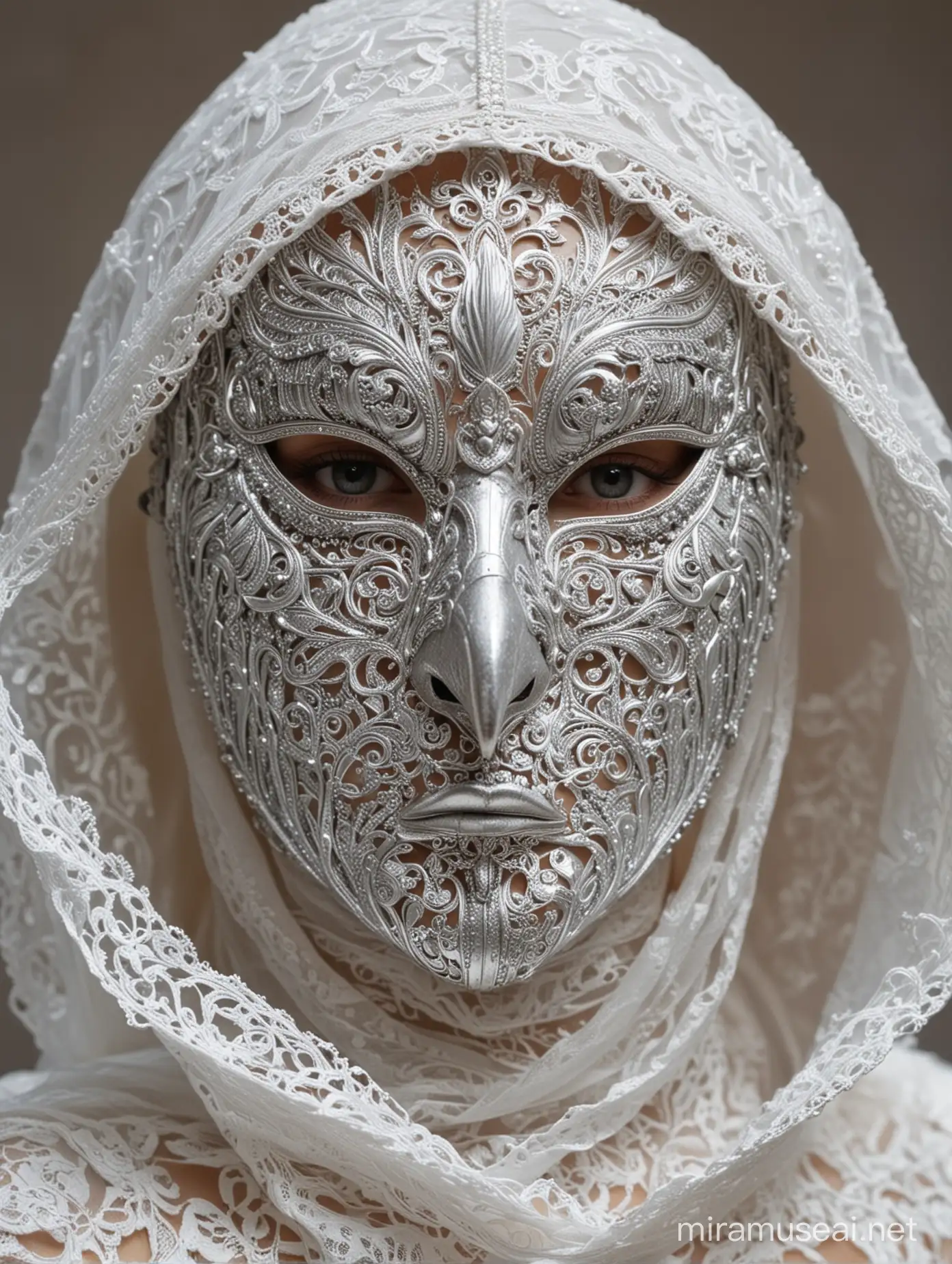 a silver mask in the shape of a bird that completely covers the eyes, under a hood of white lace
