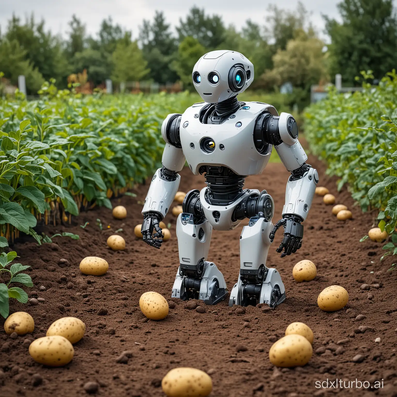 robots are looking for potatoes in the garden