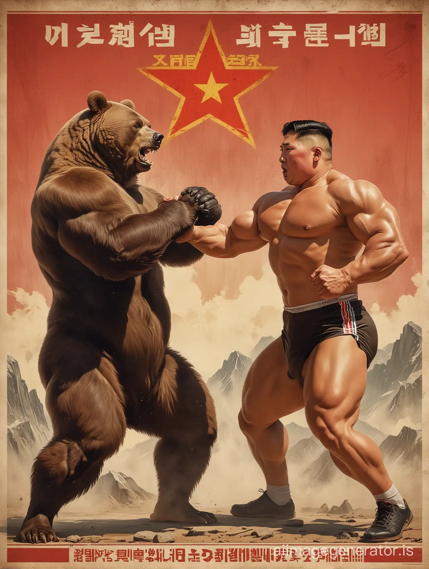 a muscular bodybuilder Kim jong un punching a bear, in the style of a communist poster