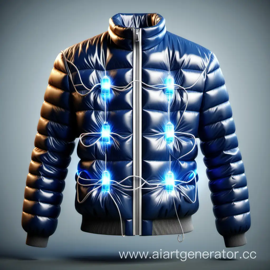 Куртка, с элементами Пельтье которая генерирует электричество и зарядка устройств. Реалистичное изображение.