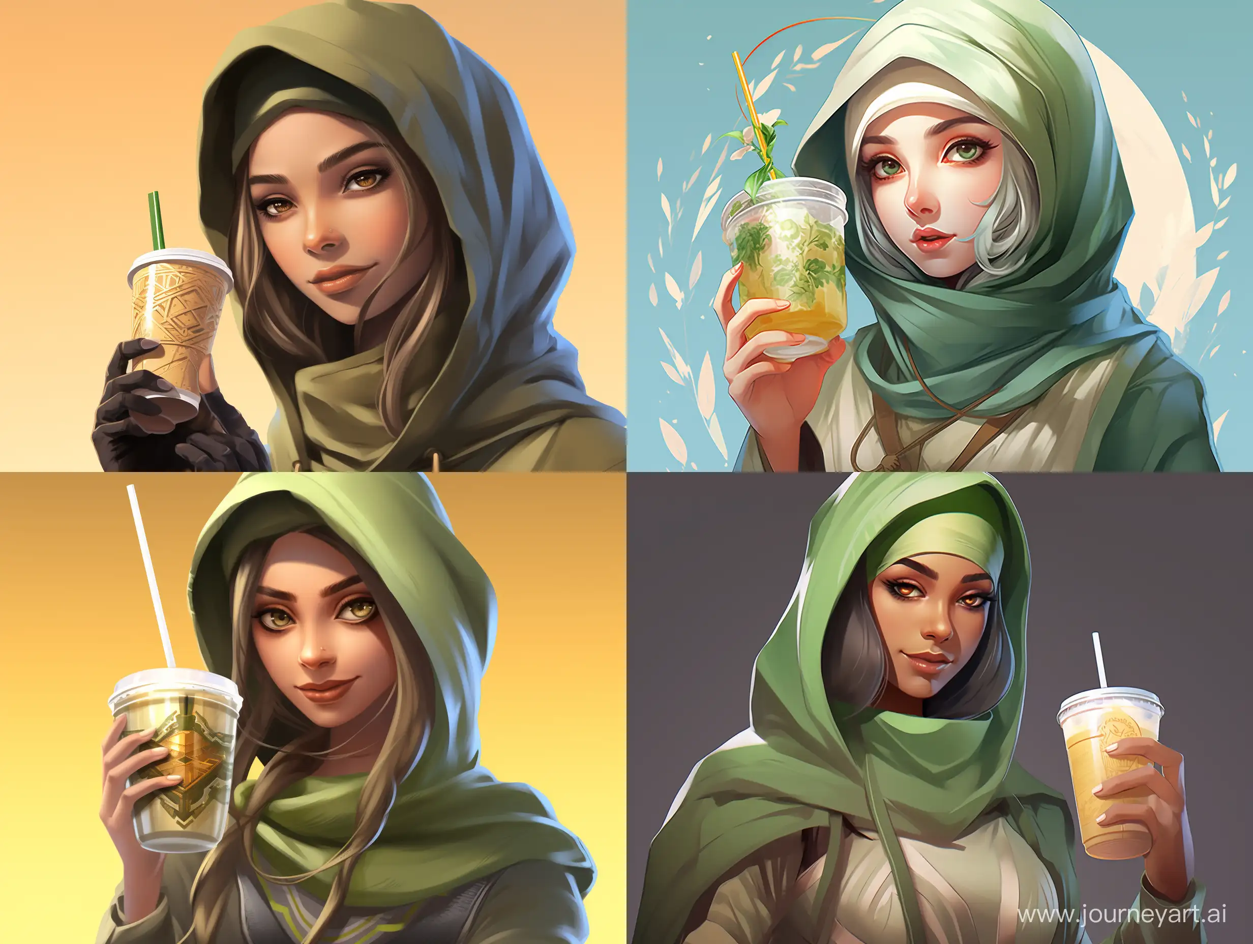 a woman in hijab holding a glass of green tea, aesthetic!!!!!! female genie, zenra taliyah, trendin on artstation, official artwork, telegram sticker design, fanart, it idn't greasy, godesses, official fanart, telegram sticker, genius design, trending artgerm, sticker design, 2 d render, official fanart behance hd, official illustration