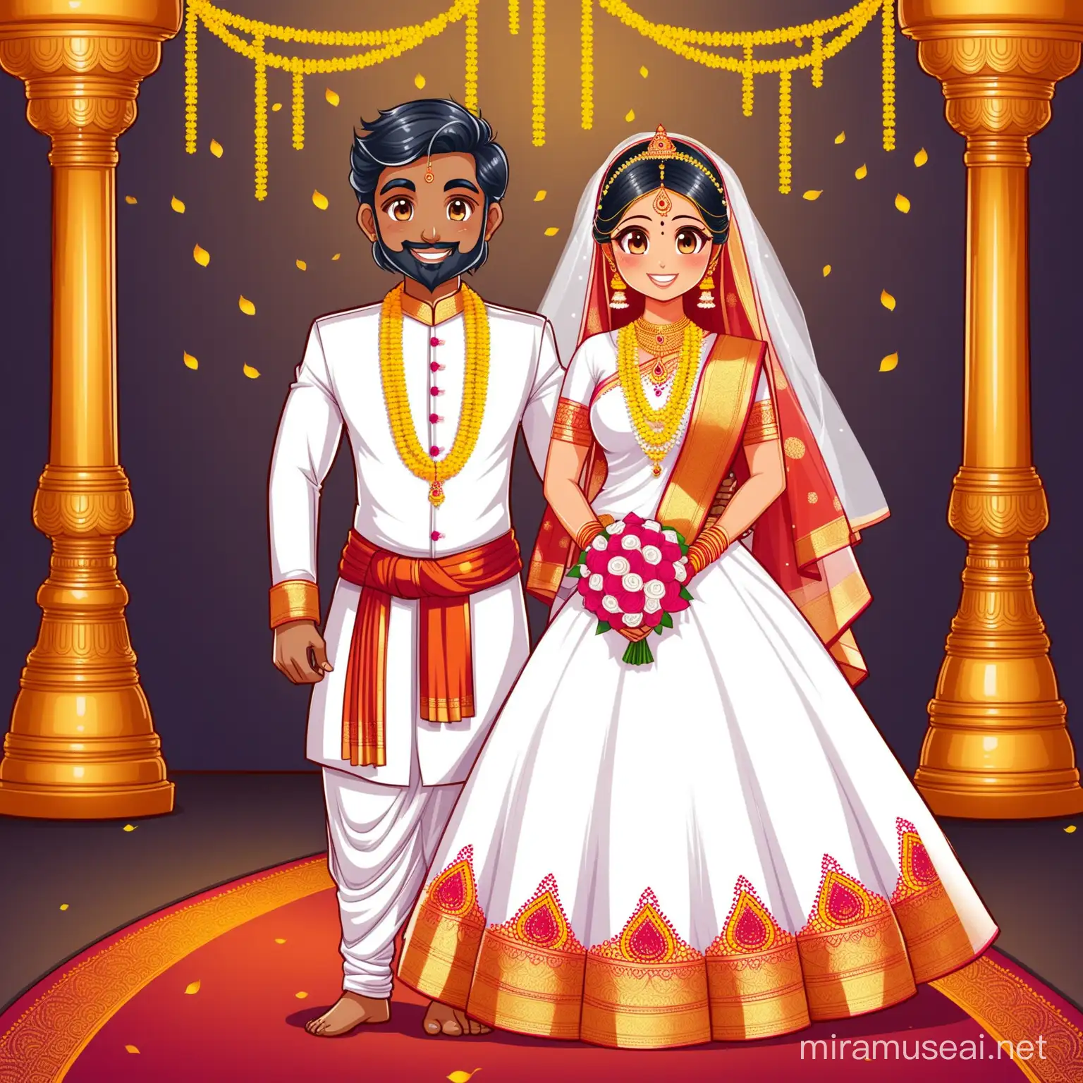 tamil groom and bride traditional standing cartoon happy wedding dress
