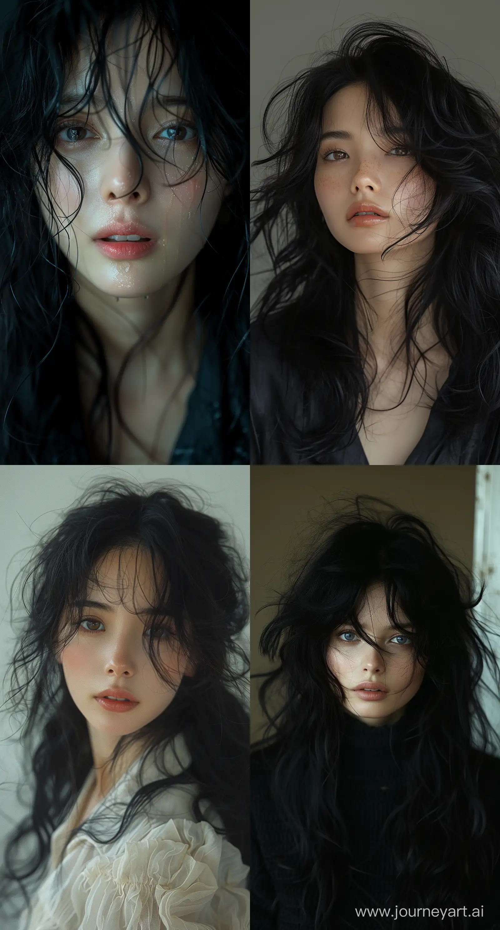 a woman with flowing, black hair, in the style of dain yoon,captures raw emotions,wavy, distinct facial features --ar 69:128 --stylize 750 --v 6