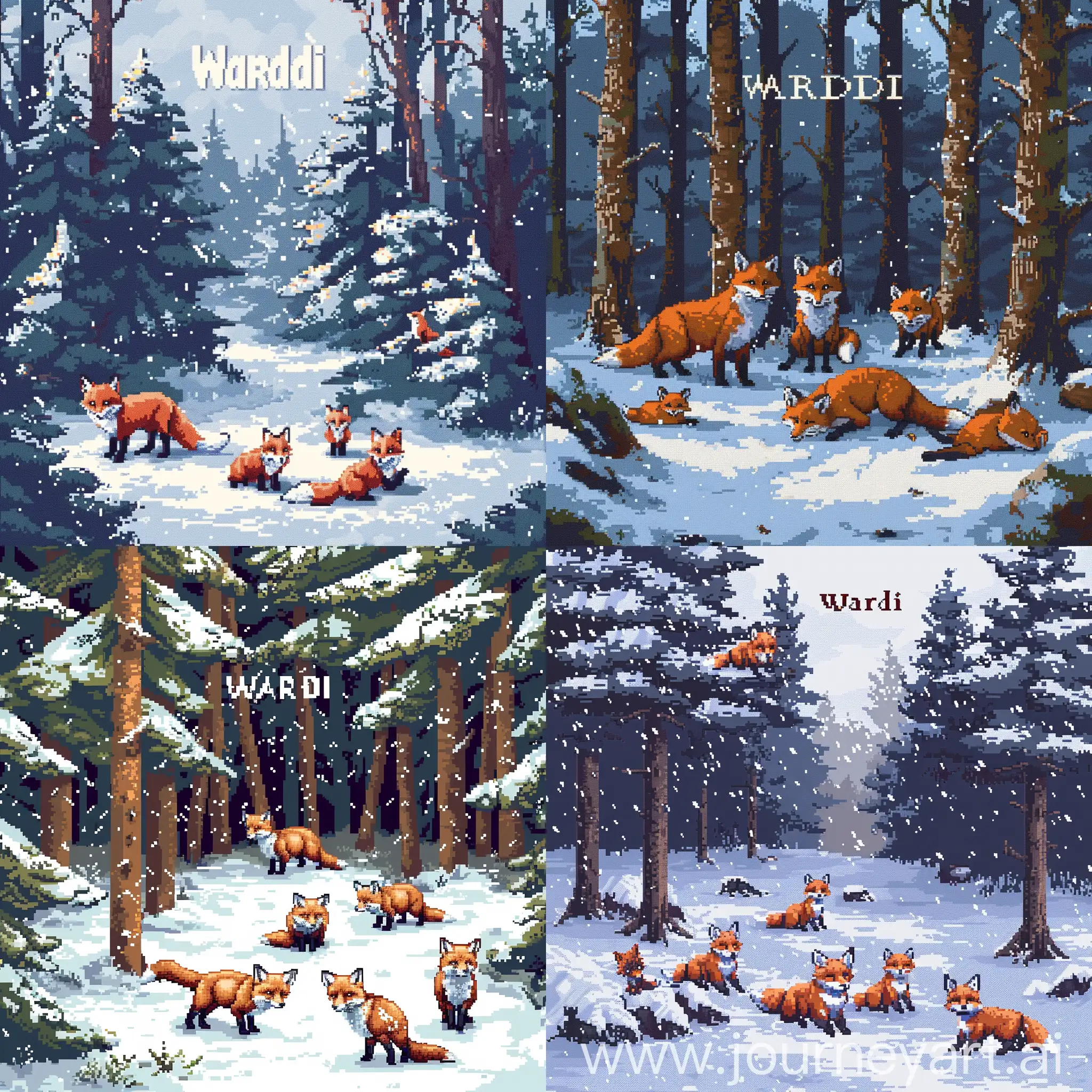 Wardi-Pixel-Art-Enchanting-Snowy-Forest-with-Playful-Foxes