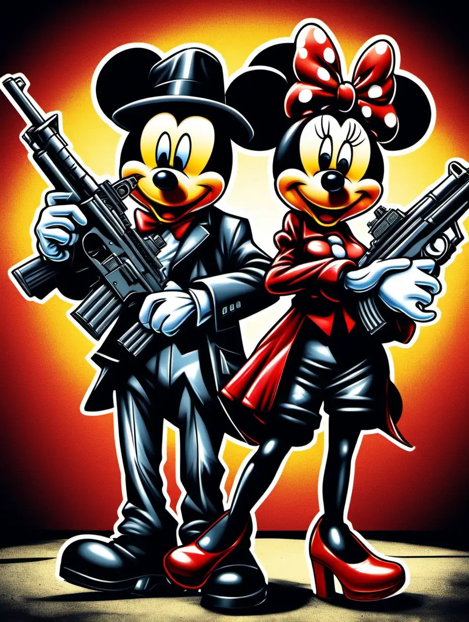 micky and minnie mouse as a couple of gangsters with machine guns, dramatic colors
