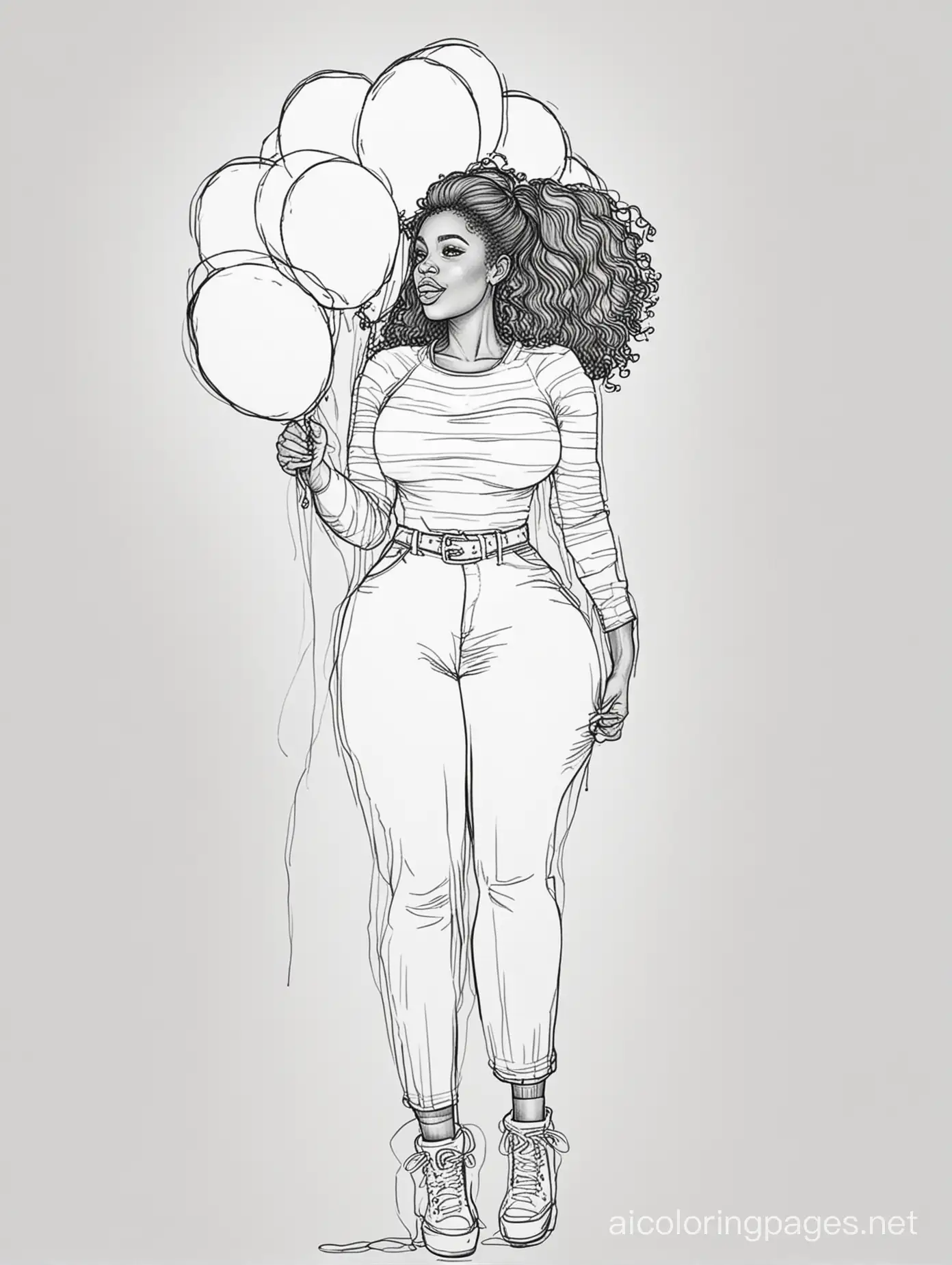 Curvy black woman holding balloons, Coloring Page, black and white, line art, white background, Simplicity, Ample White Space. The background of the coloring page is plain white to make it easy for young children to color within the lines. The outlines of all the subjects are easy to distinguish, making it simple for kids to color without too much difficulty