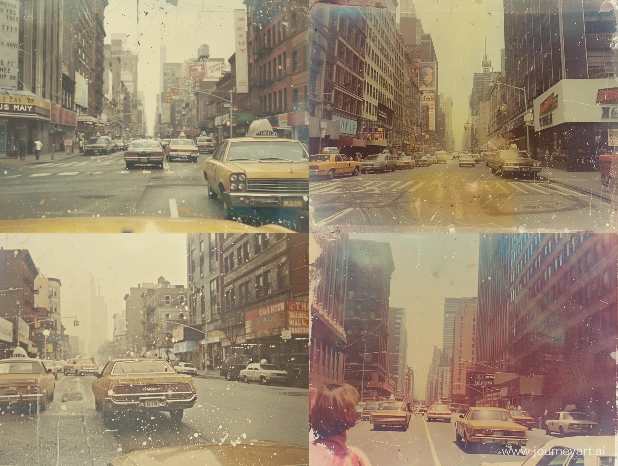 Faded yellowed aged Instamatic candid photo of Manhattan street scene in 1975, color, dusty, speckled