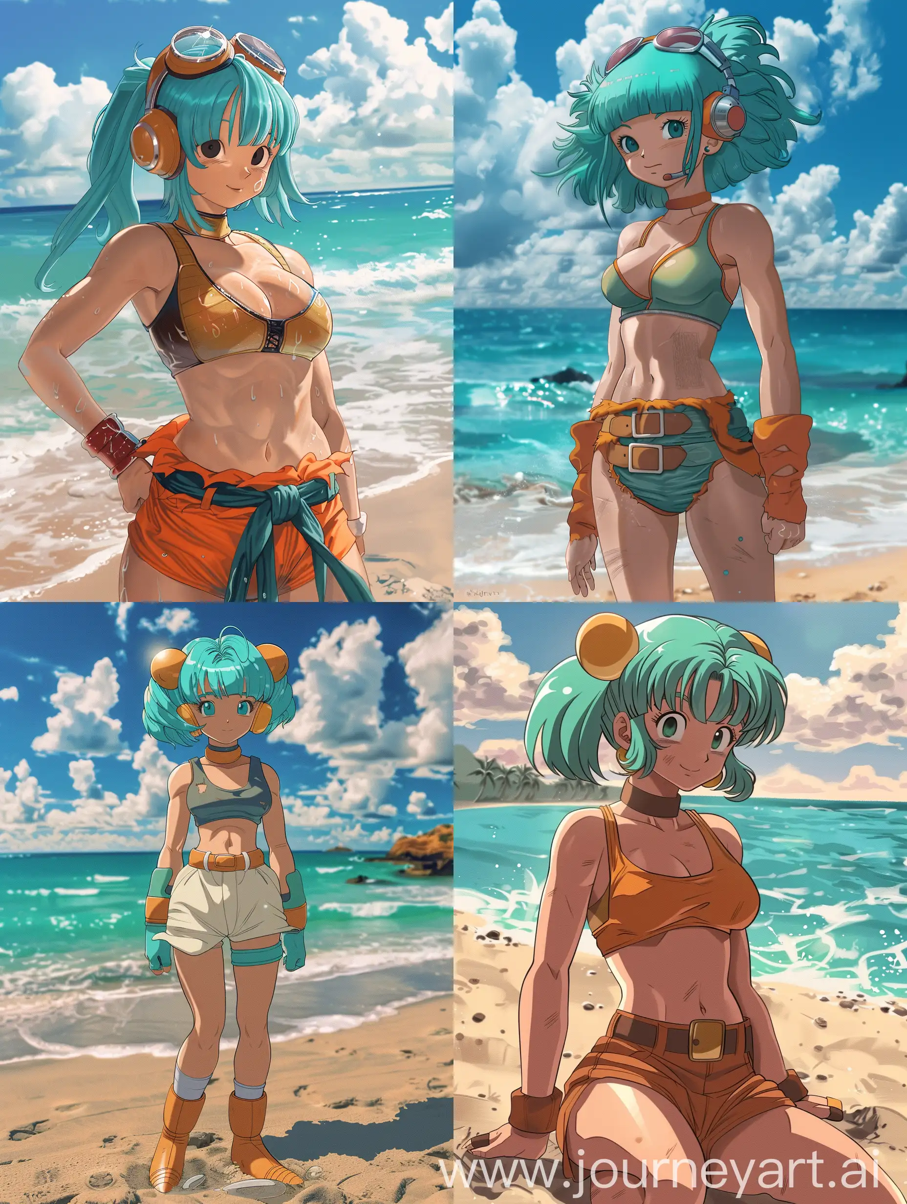 The character Bulma from the anime Dragon 
ball on the beach