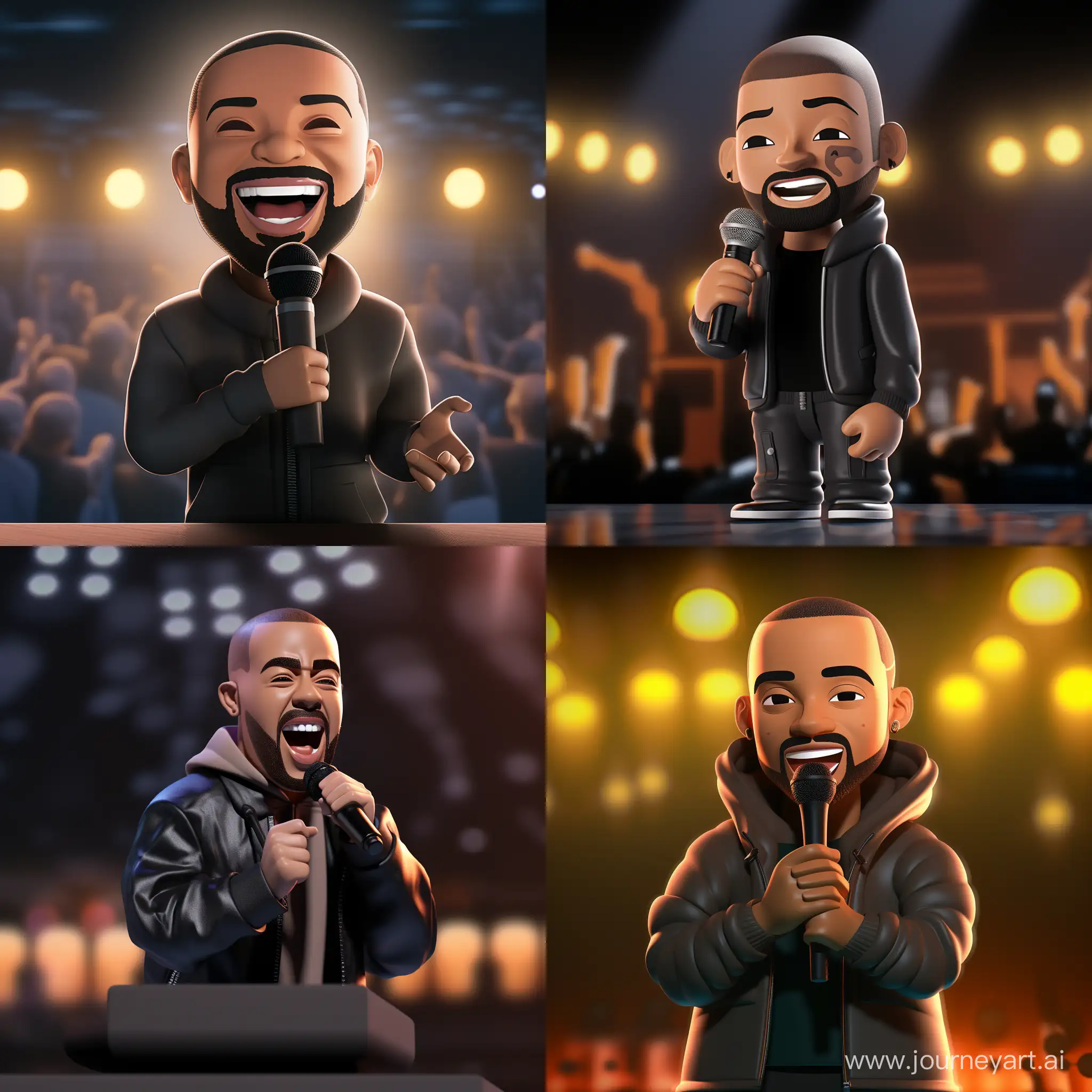 A LEGO representation of a smiling African-American individual with rounded facial features, sporting a short beard, dressed in loose dark clothing and a hoodie featuring a white dove with a microphone in hand. The figure has a buzz cut hairstyle and is depicted against a concert backdrop, singing on stage, with lights and speakers in the background
