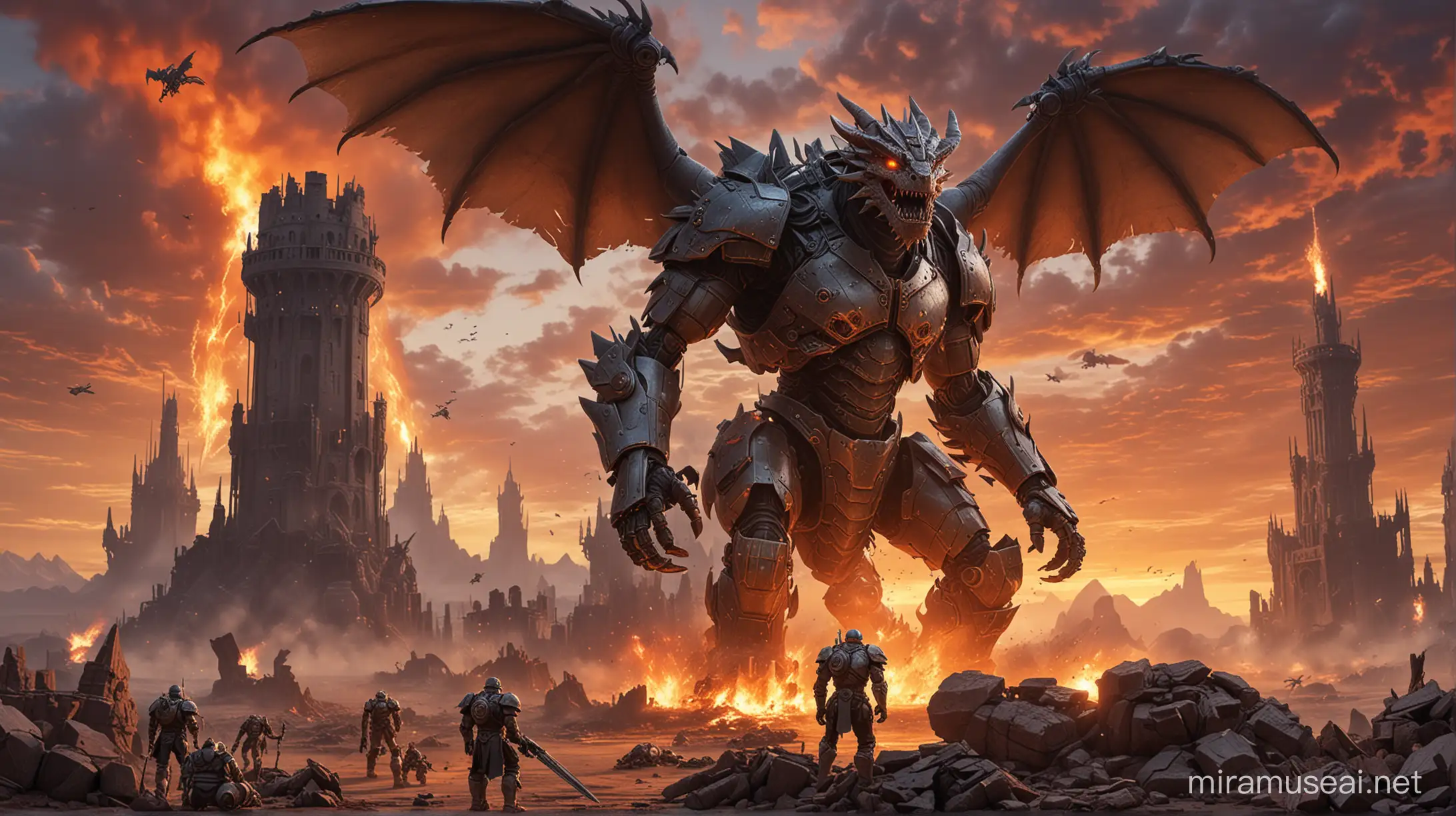 Mythical Creatures and Robots Clash in a Fiery Sky