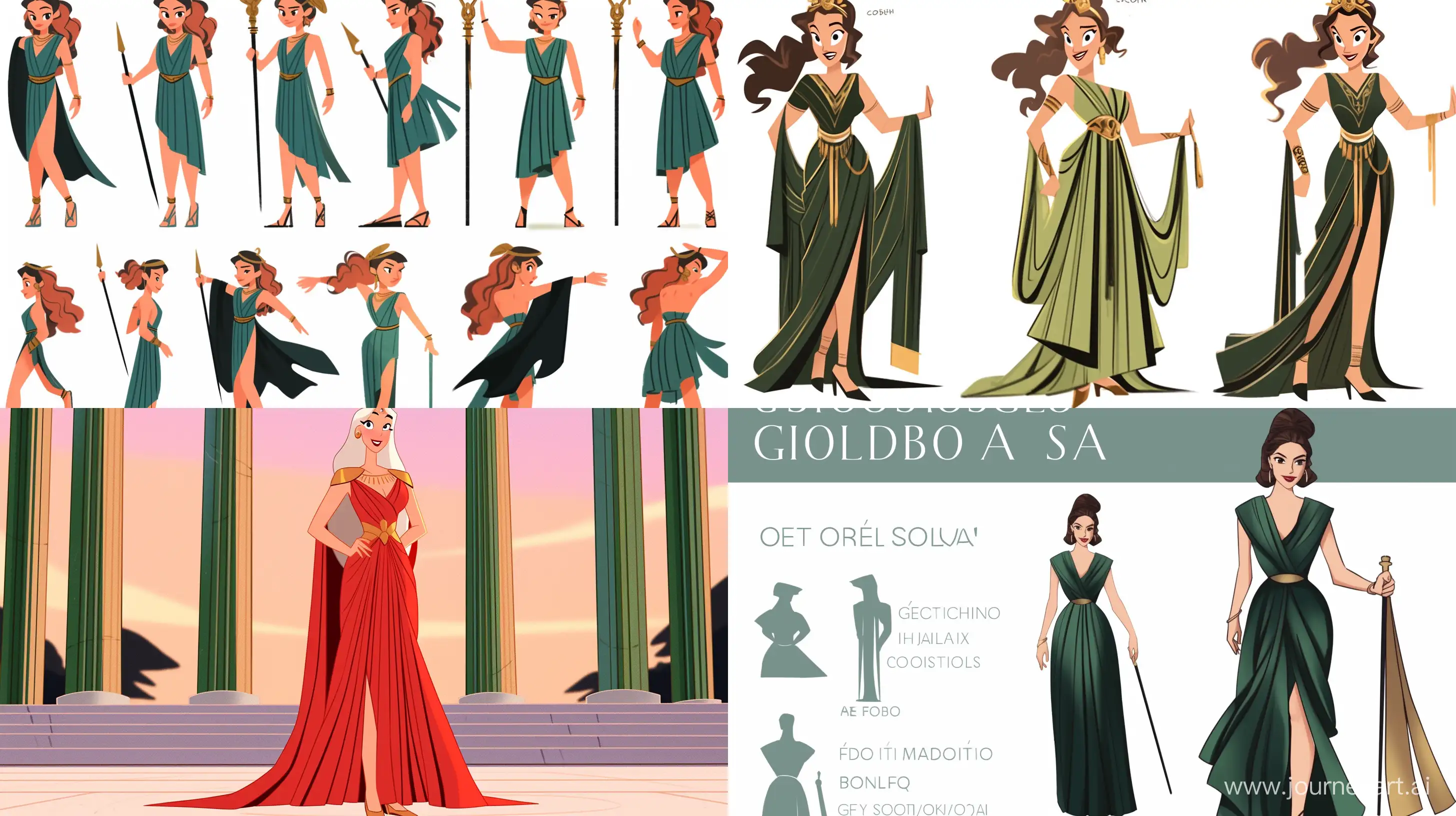 a greek goddess in sharp lines and bold blazers in unexpected colors like emerald green or deep purple, pair with cigarette trousers or a high-slit skirt for a confident stride, 3D animation, pixar style --niji --ar 16:9