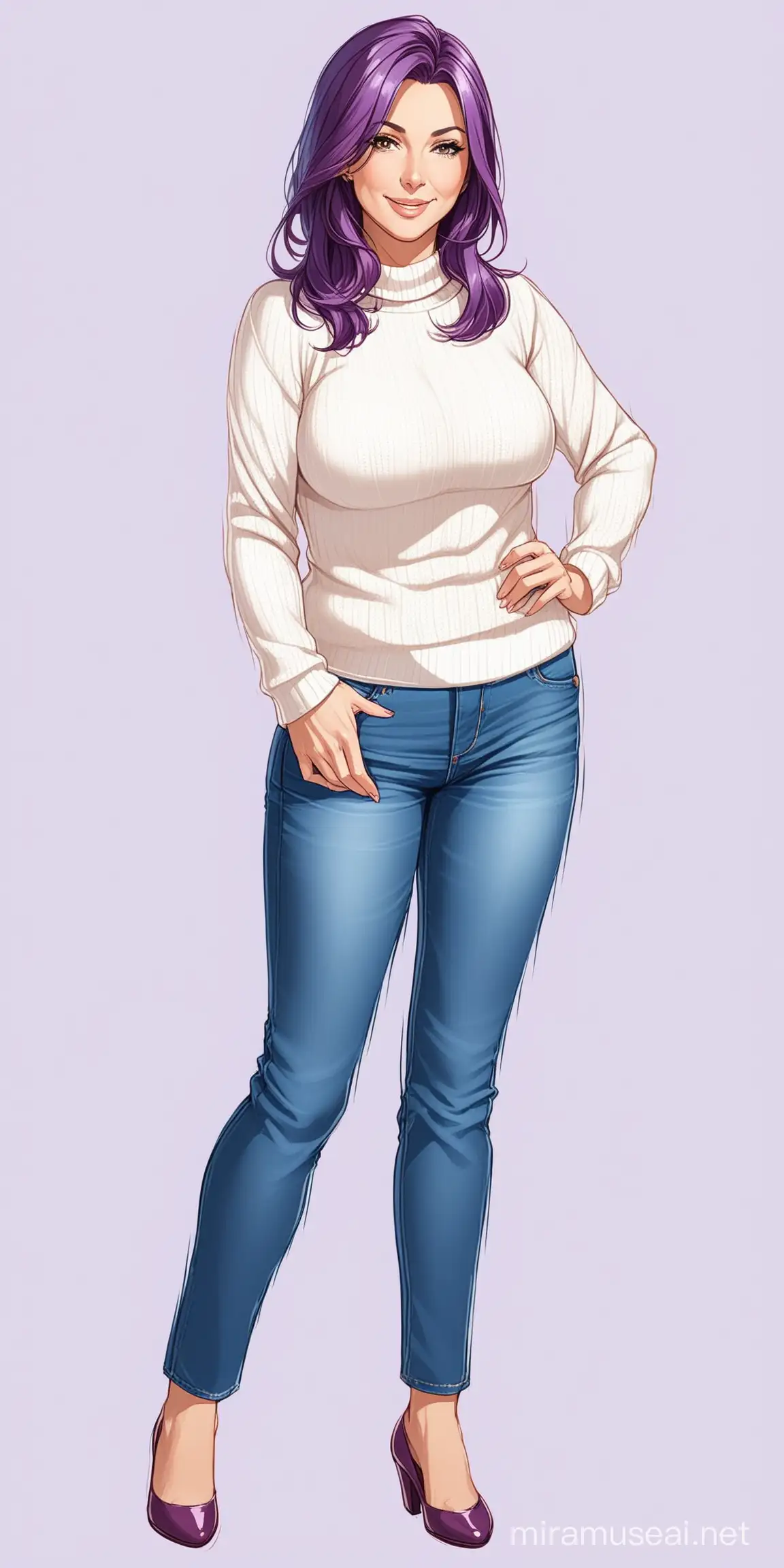 mature woman, milf, housewife, purple hair, white sweater, blue jeans, no background, standing