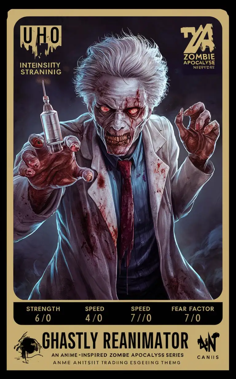 "Anime Zombie Apocalypse trading card featuring 'Ghastly Reanimator' with stats like Strength: 6/10, Speed: 4/10, Intelligence: 10/10, Fear Factor: 7/10. Ghastly Reanimator is a twisted scientist, its lab coat stained with the blood of its experiments. It possesses the power to resurrect the dead, creating an army of undead abominations to serve its malevolent purposes. Premium 14PT card stock, artwork by Mike 'Nemo' Anderson, UHD visuals, chaos theme, marketed by 'Zombie Apocalypse Network.'"

