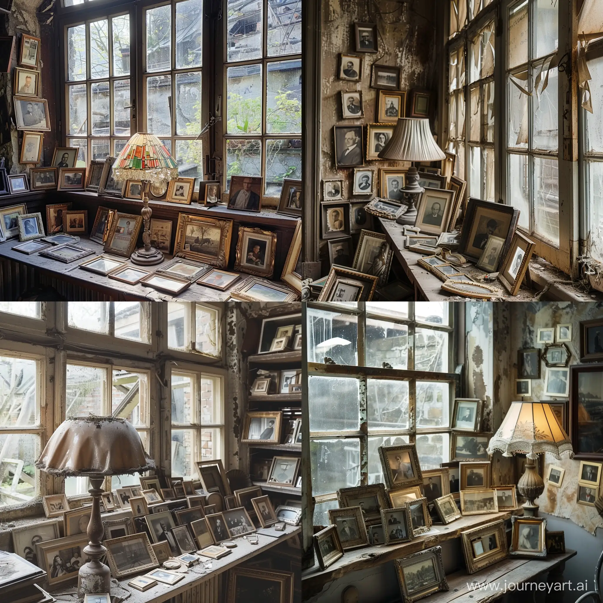 A room with old window sills and an old table lamp full of old photo frames