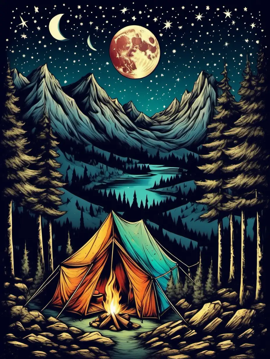 faded colours, mountain scene, moon with stars, forest, tent and fire, night time, artistic, retro