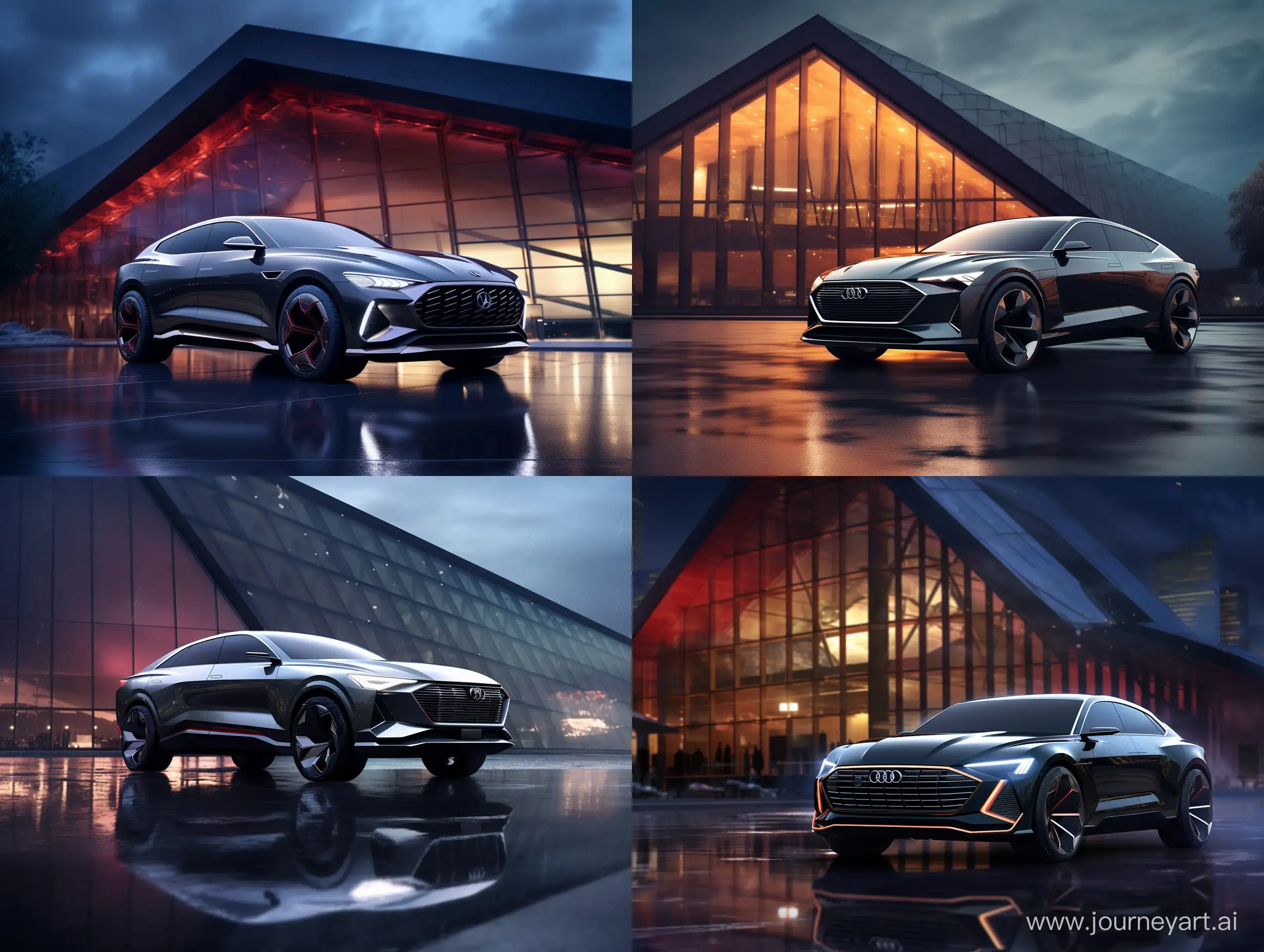 Create an audi RSQ8 in black. In front of a futuristic glass building