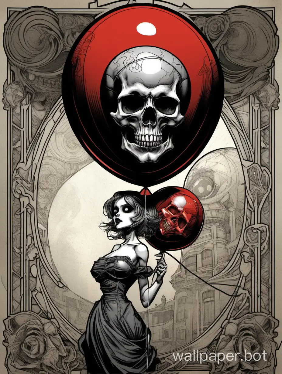 skull girl with a balloon, crazy skull face, asymmetrical, Alphonse Mucha poster, comic book, high-textured paper, hyper-detailed line art, black, gray, red,