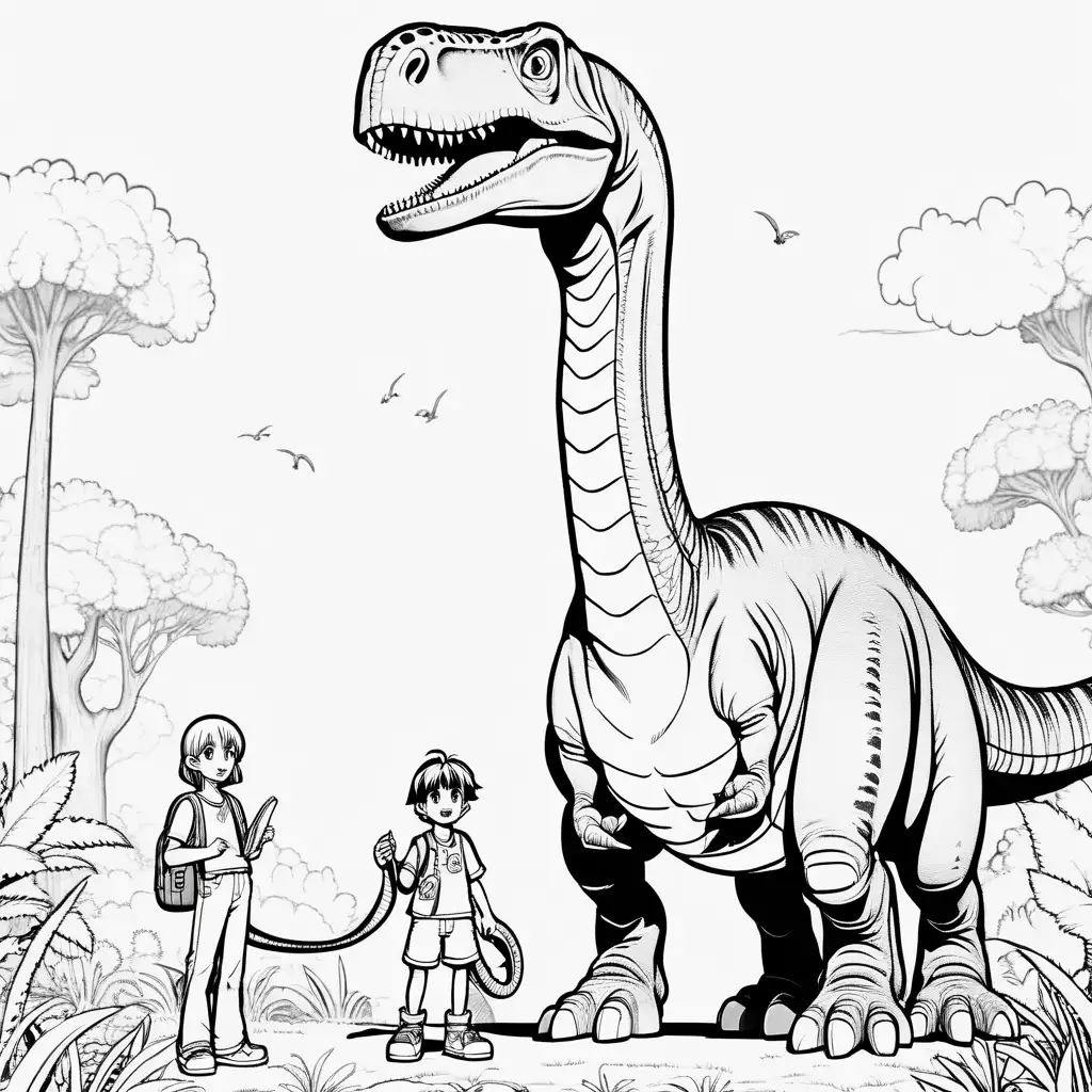  anime characters and  diplodicus dinosaur, cartoon
, coloring page, black and white, no shading,  high dof, 8k,--ar 85:110