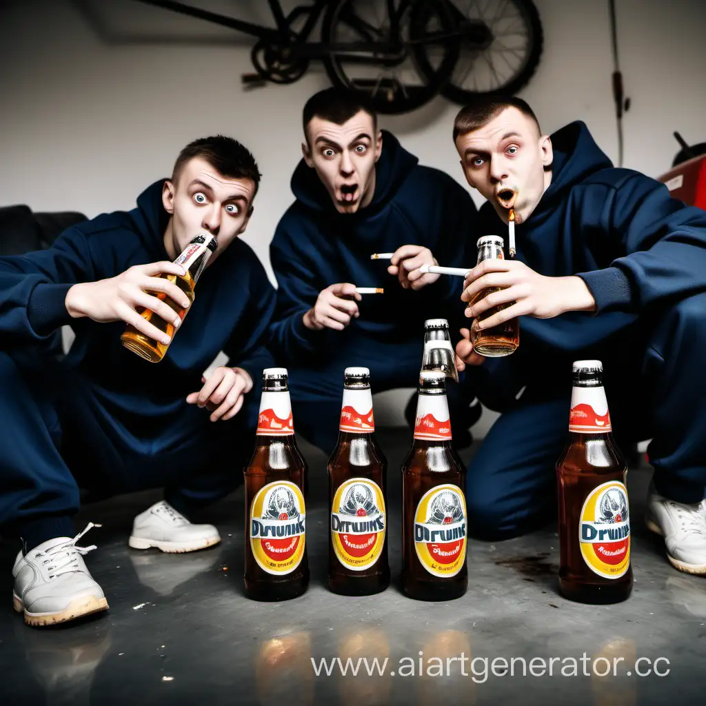 Group-of-Youthful-Drinkers-Relaxing-in-Garage-Amidst-Engine-Oil-and-Alcohol-Bottles