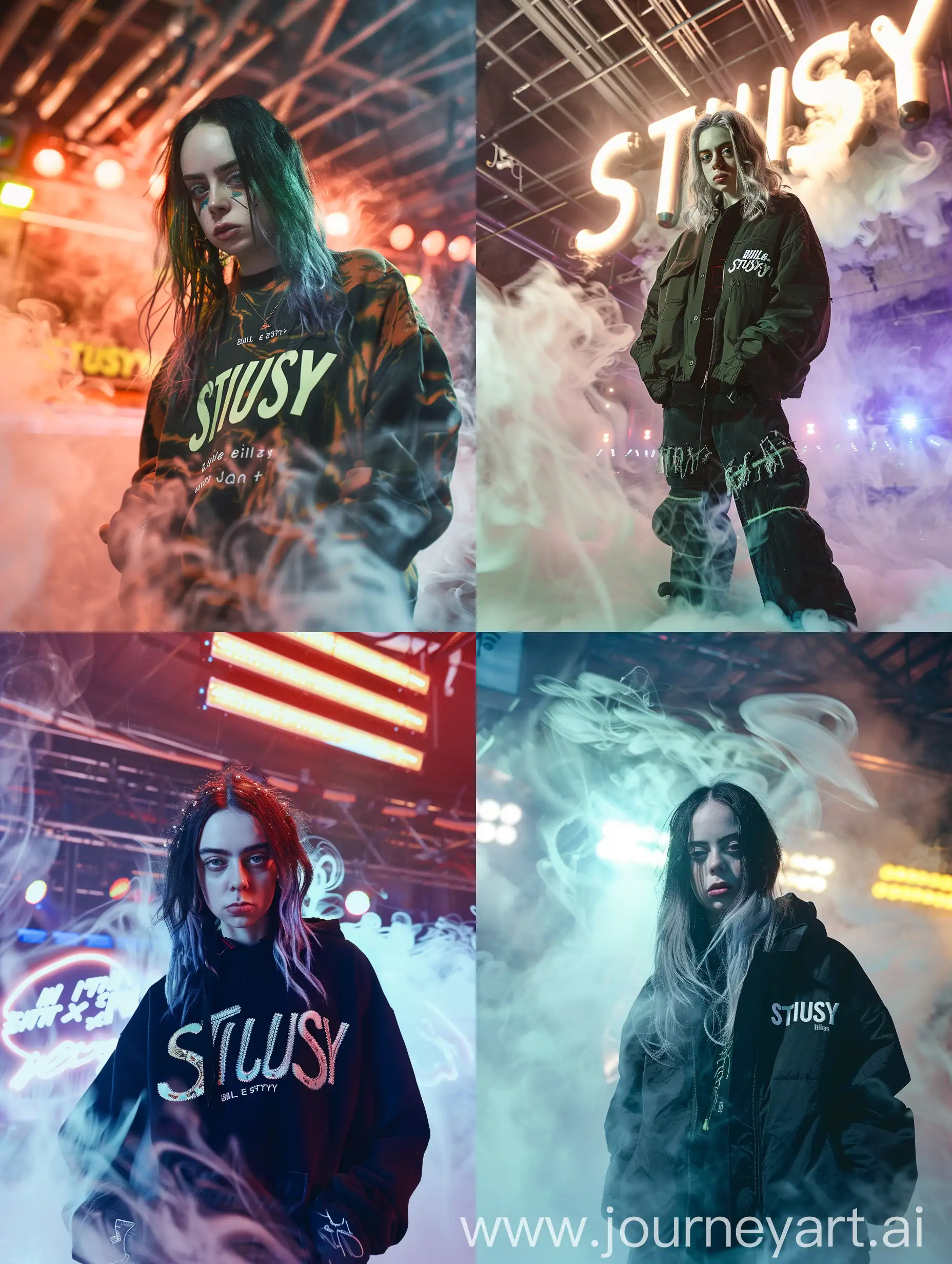 Realistic Photo Side Front Billie Eilish x Stussy Streetwear: Amidst the pulsating lights of an underground club, Billie Eilish embodies downtown cool and futuristic allure. Dynamic photography captures the surrealism of Stussy streetwear in motion, with hyper-realistic details like embroidery zoom and inflatable technical textile. The scene is enveloped in swirling smoke, showcasing Eilish's edgy attitude and effortless style.