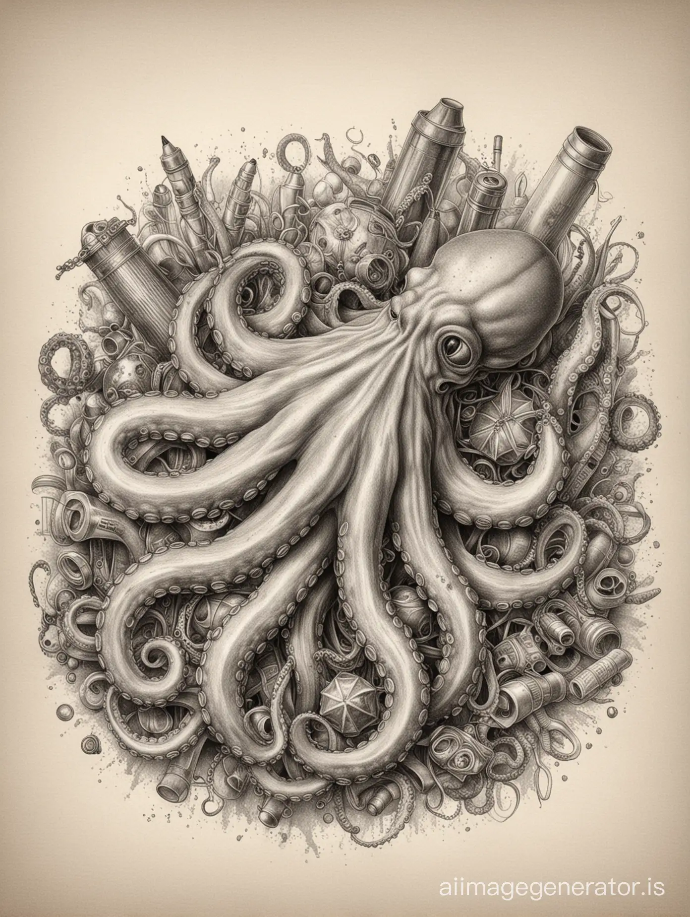 Pencil sketch of Octopus and waste items, ultra realistic drawing style