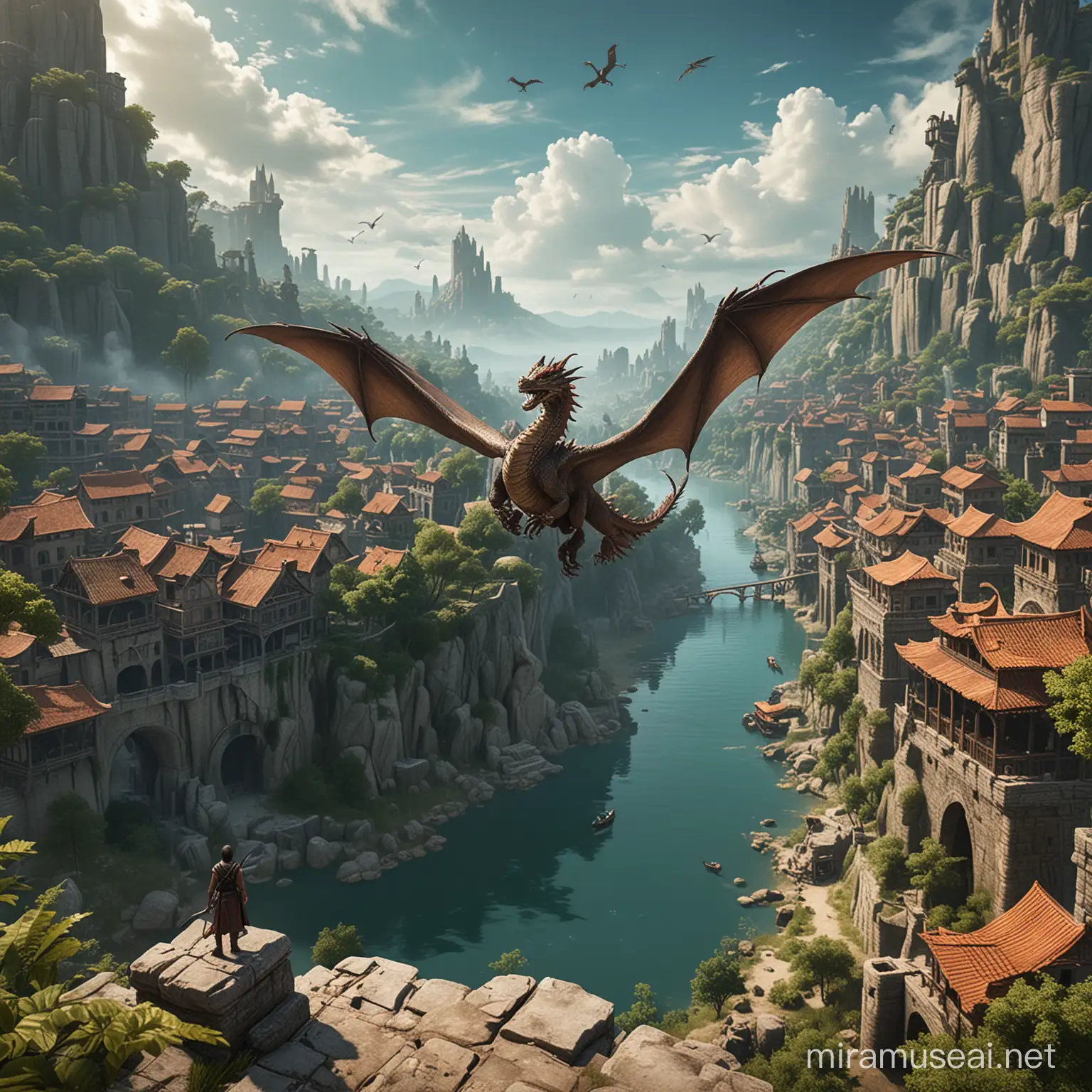 VR Adventure Dragon Flight over Ancient Cities and Enchanted Forests