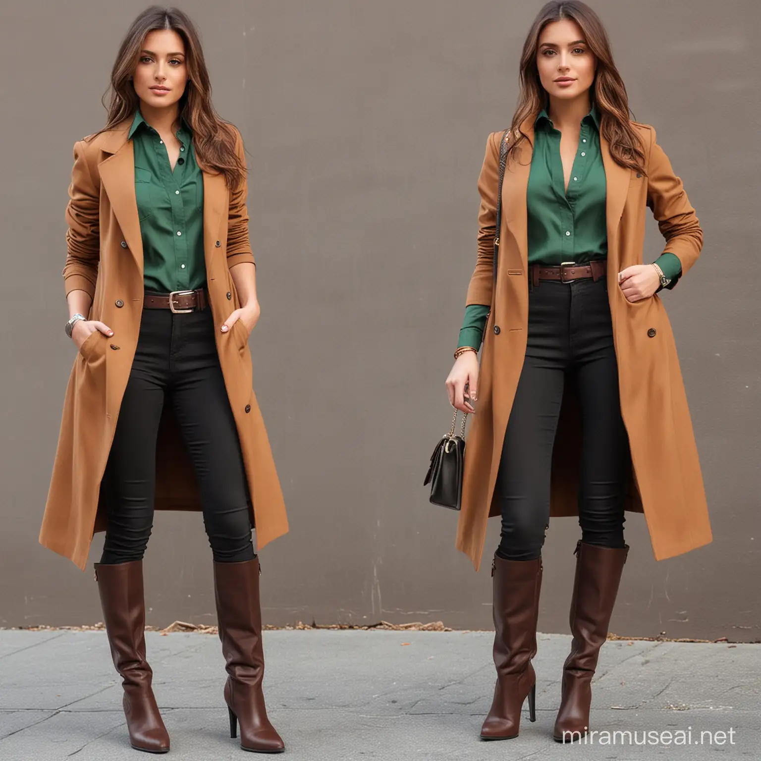Design a luxury, fashionable, stylish, high standard, modern, sexy, business casual dress with brown long coat and green shirt for a tomboy woman wearing low heel boots based on the theme of the old aesthetic money