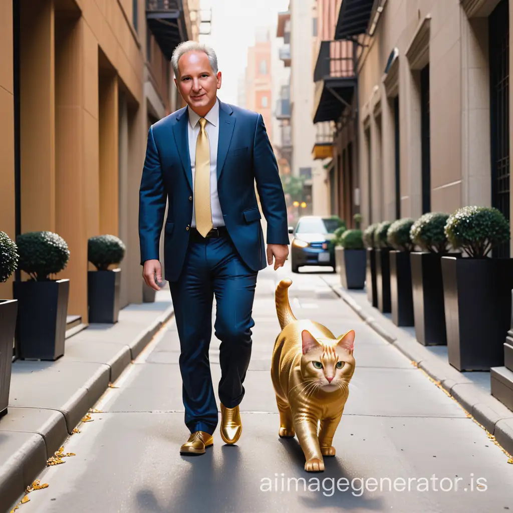 Peter Schiff walking a cat that looks like it's made out of gold