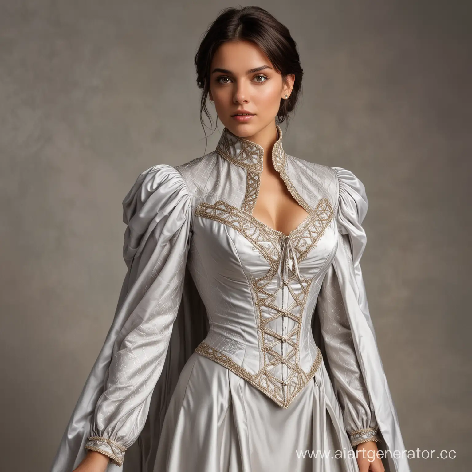 A young brunette female mage with short hair falling to shoulder length, tanned skin and dark eyes, dressed with a robe that has a fine, tight collar open in a diamond pattern over a corset that covers the bust, with wide silk sleeves and a flowing ankle-length skirt, the entire suit in pearl gray fabric.