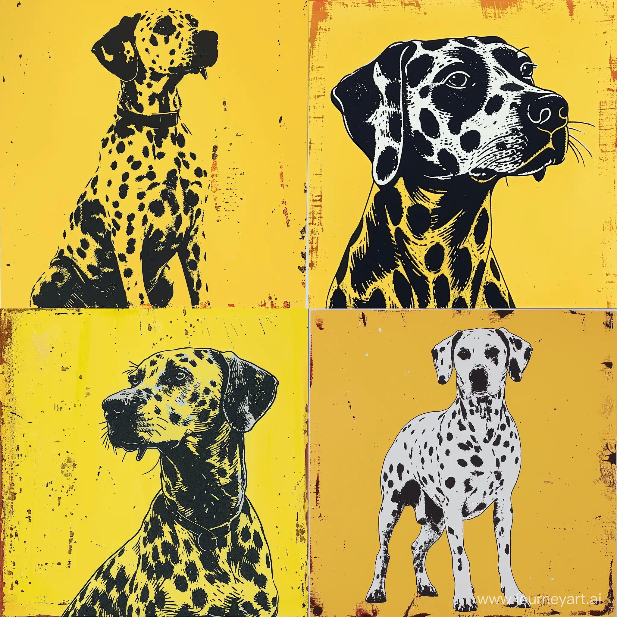 dalmatian greeting card, yellow print, in the style of jean jullien illustrations, symbolic use of animals, monochrome, trompe-l'œil illusionistic detail, tagging-like marks, naive charm, art of burma