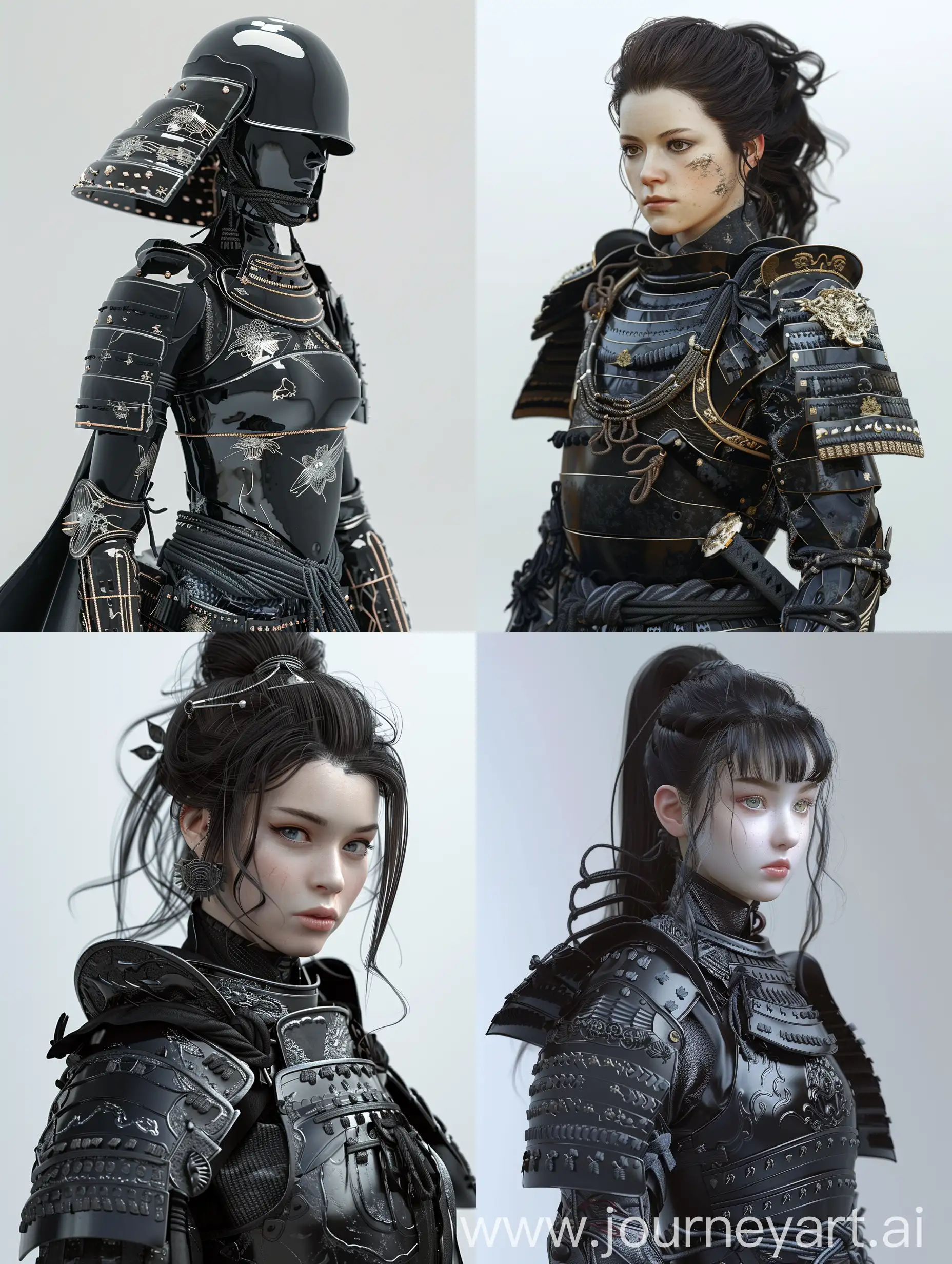 real women samurai,Black porcelain armour, hyper realistic, 3d