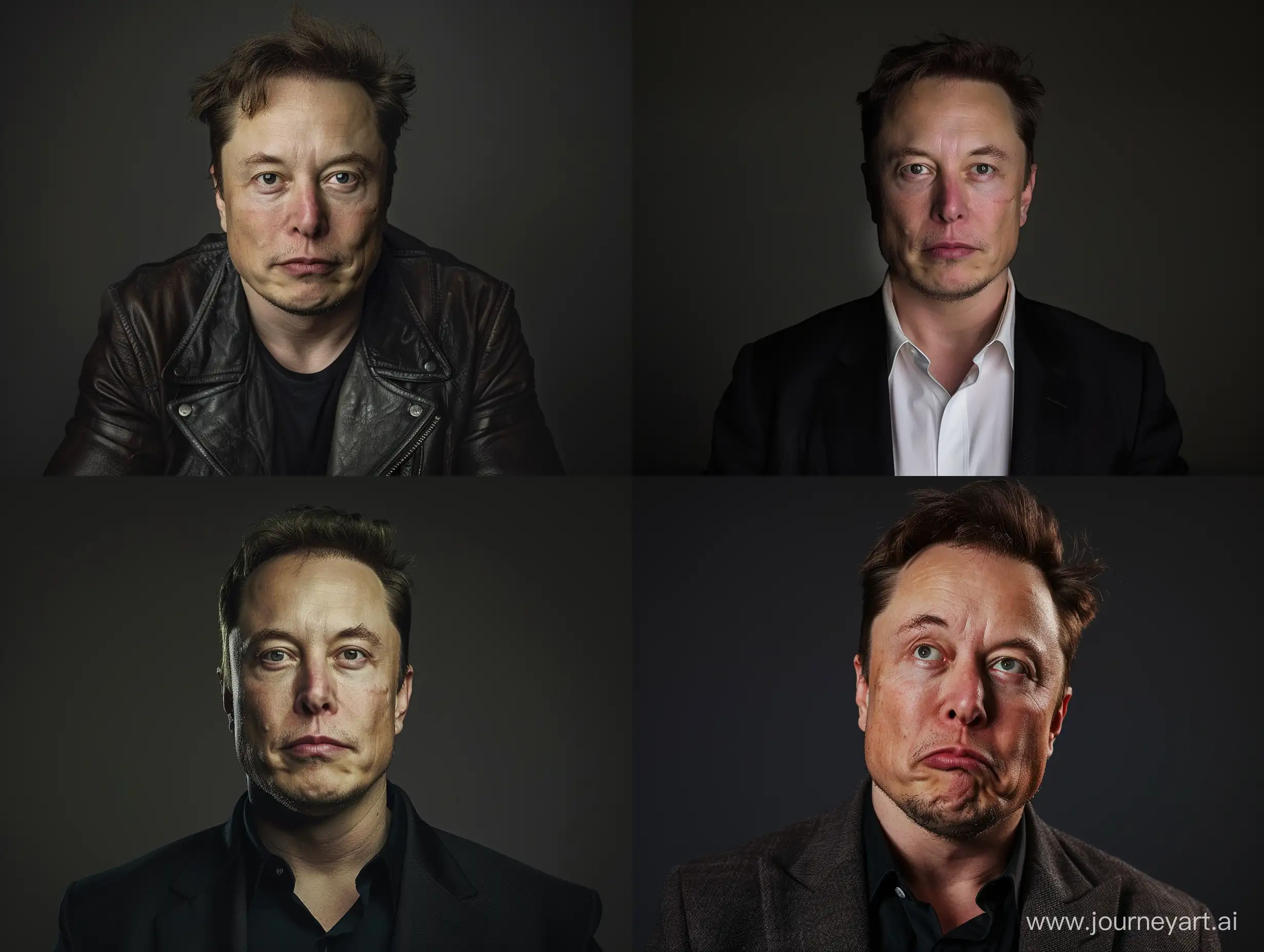 A cinematic very close-up photo of Elon Musk on a flat black background with good lighting