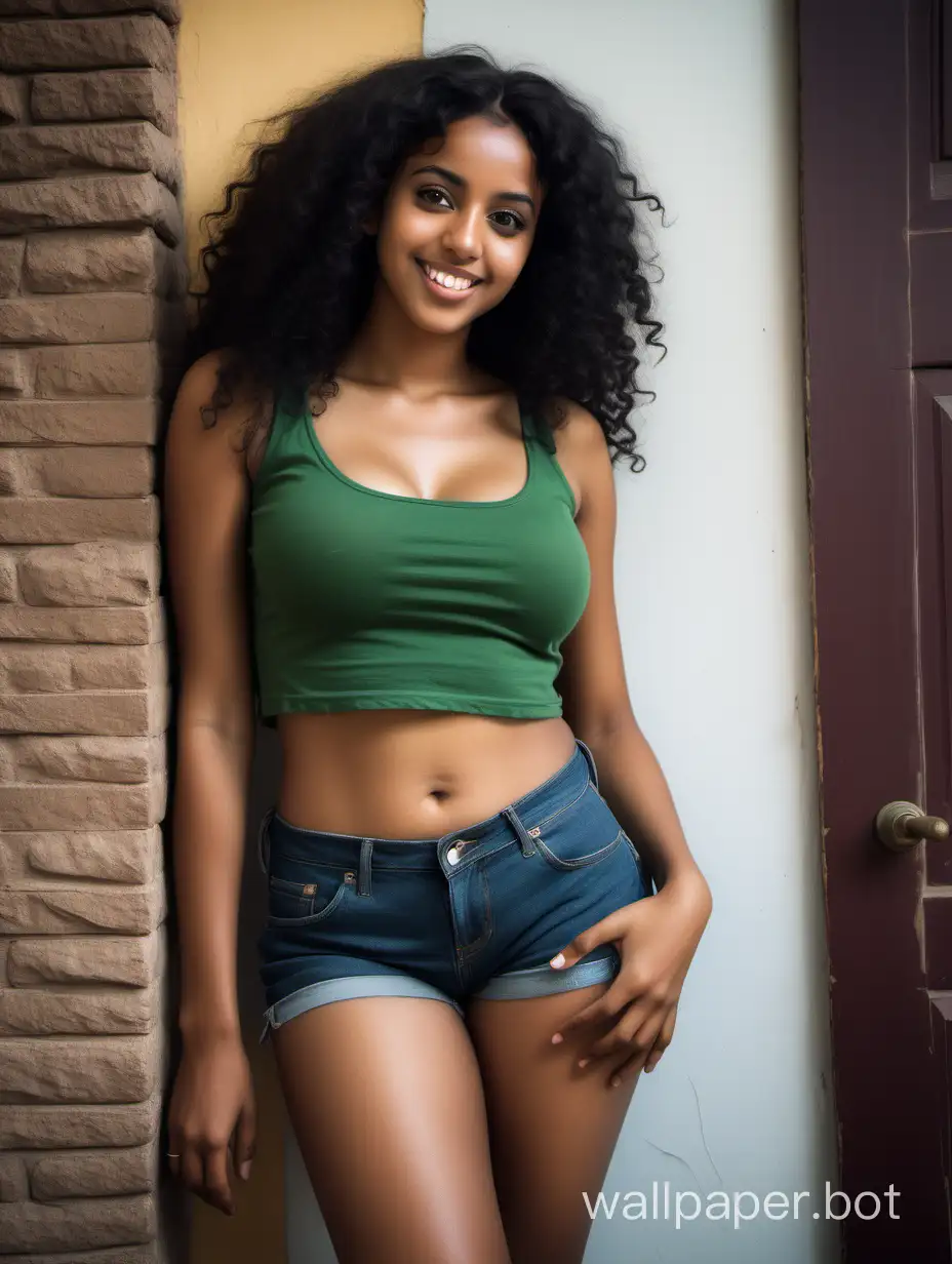 low angle full body portrait of a young pretty Eritrean woman leaning against the wall, she has long curly black hair, she has a cute face, she has hazel eyes, she is smiling happily, wearing a forest-green crop top, midriff, navel, wearing very short cutoff shorts, she has big very thick voluptuous thighs, and voluptuous breast, loose brushstrokes, bohemian interior, Velazquez painting style