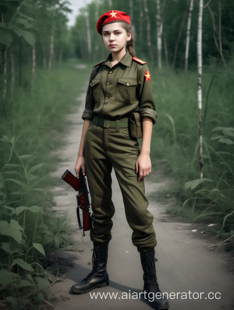 Post-Apocalypse, Communist military uniforms of the Russian Civil War, кубинский революционер, tomboy in uniform, pretty 15 year old woman, tomboy, full body, military camouflage tight leggings, Photos 8K, modern military uniform, solo, without weapon