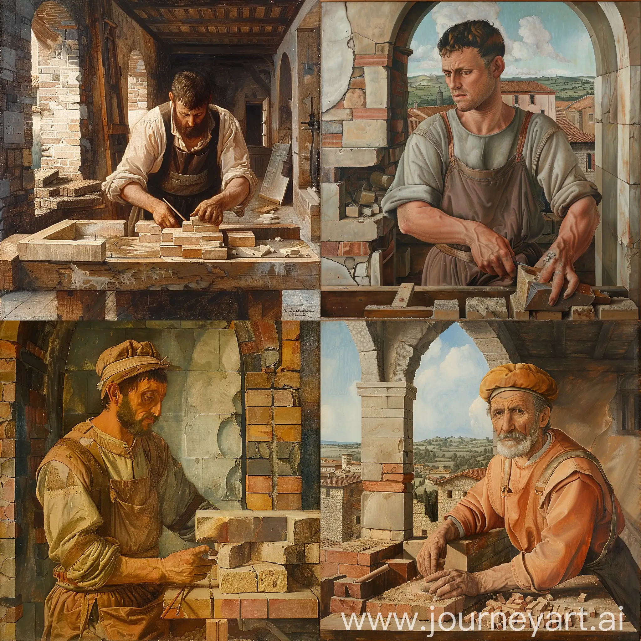 a painting of  a mason working in Pierro de la Francesca style