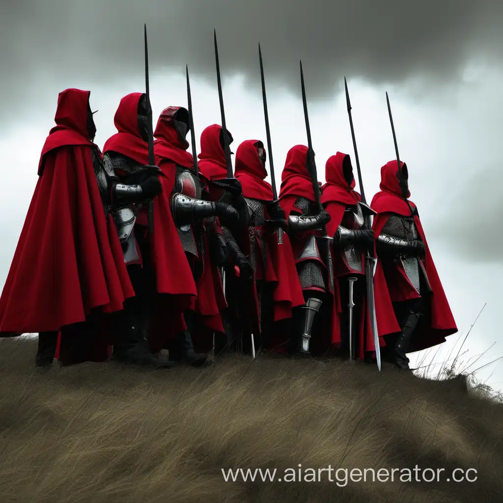Tree knights without helmets, in profile, dressed in red long cape, with black gloves, staing on the hill
