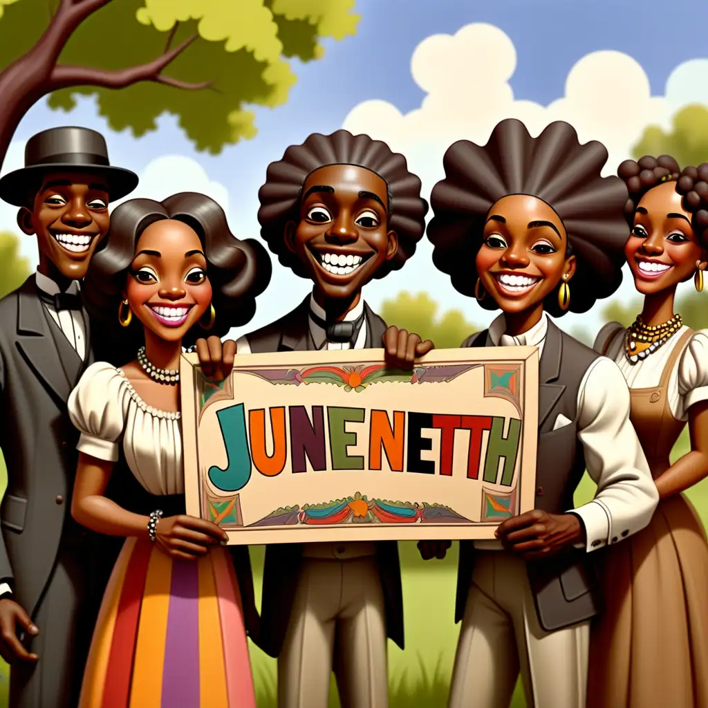 1900s cartoon African Americans holding a colorful "Juneteenth" sign grinning