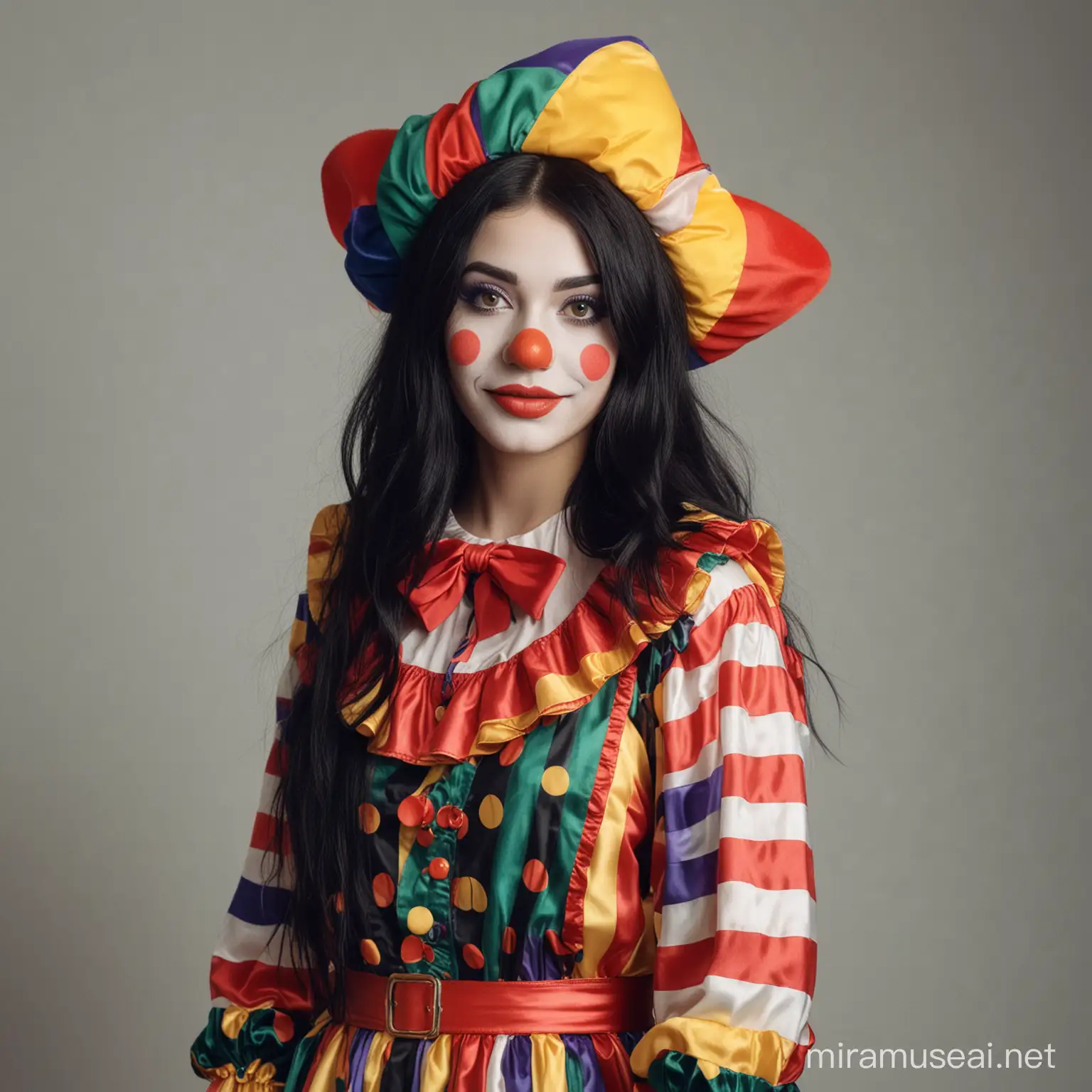 a woman with a cute face, 20 years old, with long black hair in a clown outfit