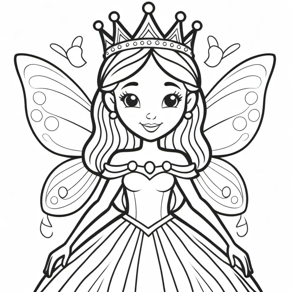 simple coloring book for kids,cartoon style fairy princess wearing a little crown , black and white, thick lines, no shading --9:16--vr5