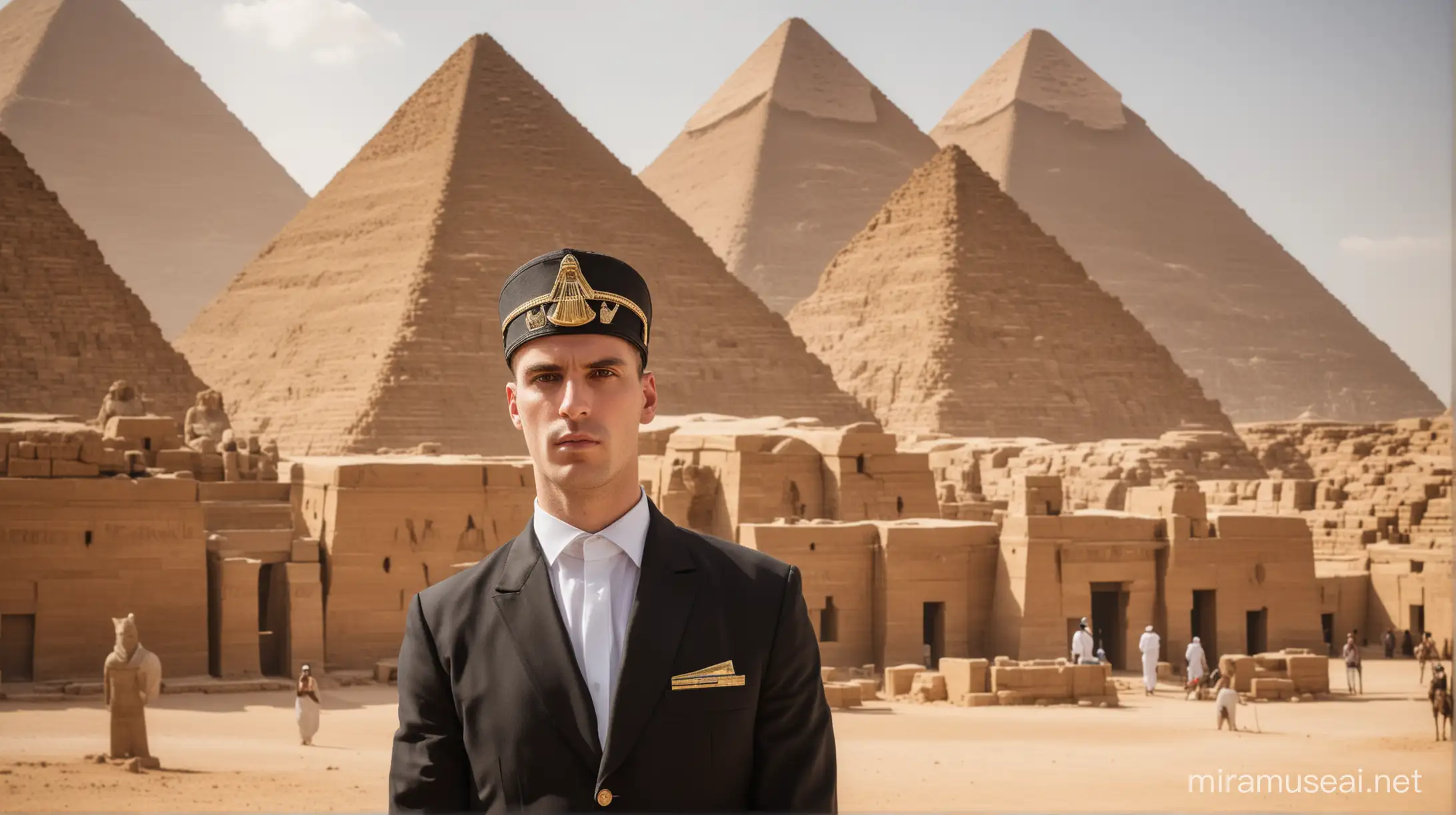 serious white security guard with black suit, wearing a pharoah hat standing in the background of ancient eygpt with pyramids
