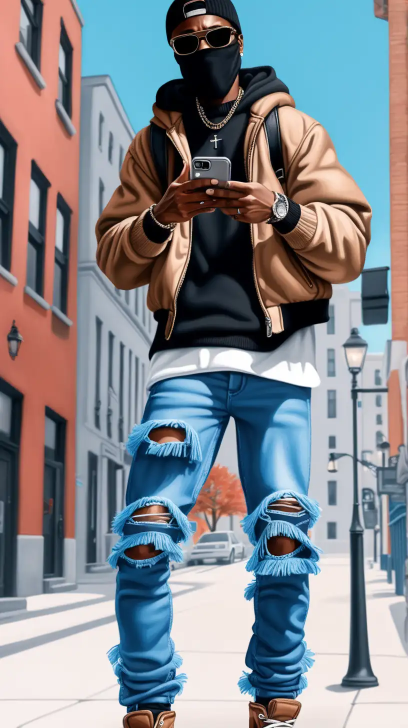 Skinny tall Handsome brown skin Black man. Rapper Wears fringed skinny jeans and ski mask. Fashion icon. Doesn’t wear oversized clothing. Favorite colors are blue, grey, black, and red. Holding iPhone. Fall season.