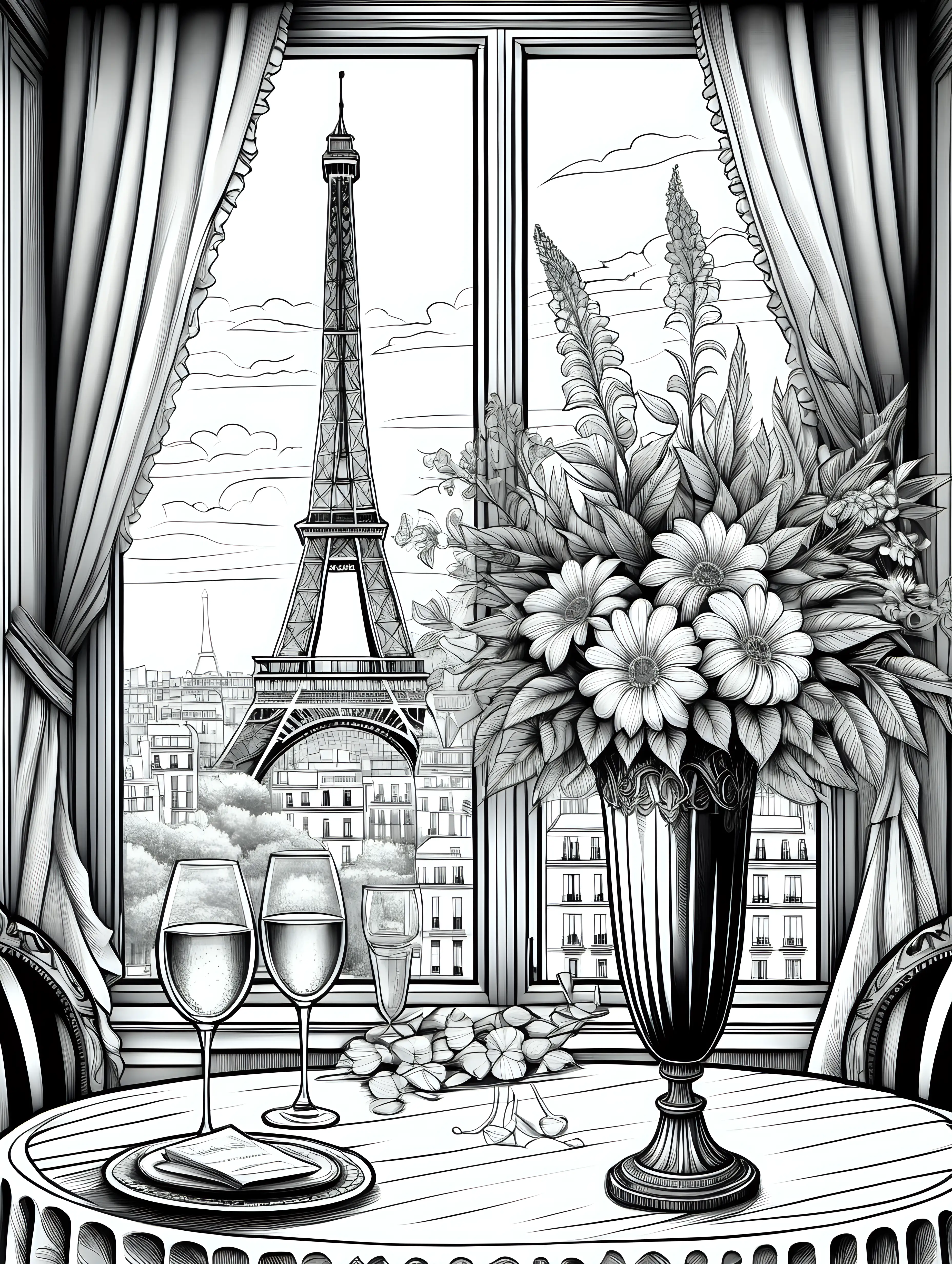 clean black and white, intricate, adult coloring page, white background, tall french flower arrangement in French Louis XVI Style Vase containing large tall arrangement of flowers native to france sitting next to an interior window on a shiny table, decorative items on table, wine glass with white wine, 2D, vector line drawing, detailed black and white paris france scene with Eiffel tower to the left behind the window, flowers are the focal point of the image