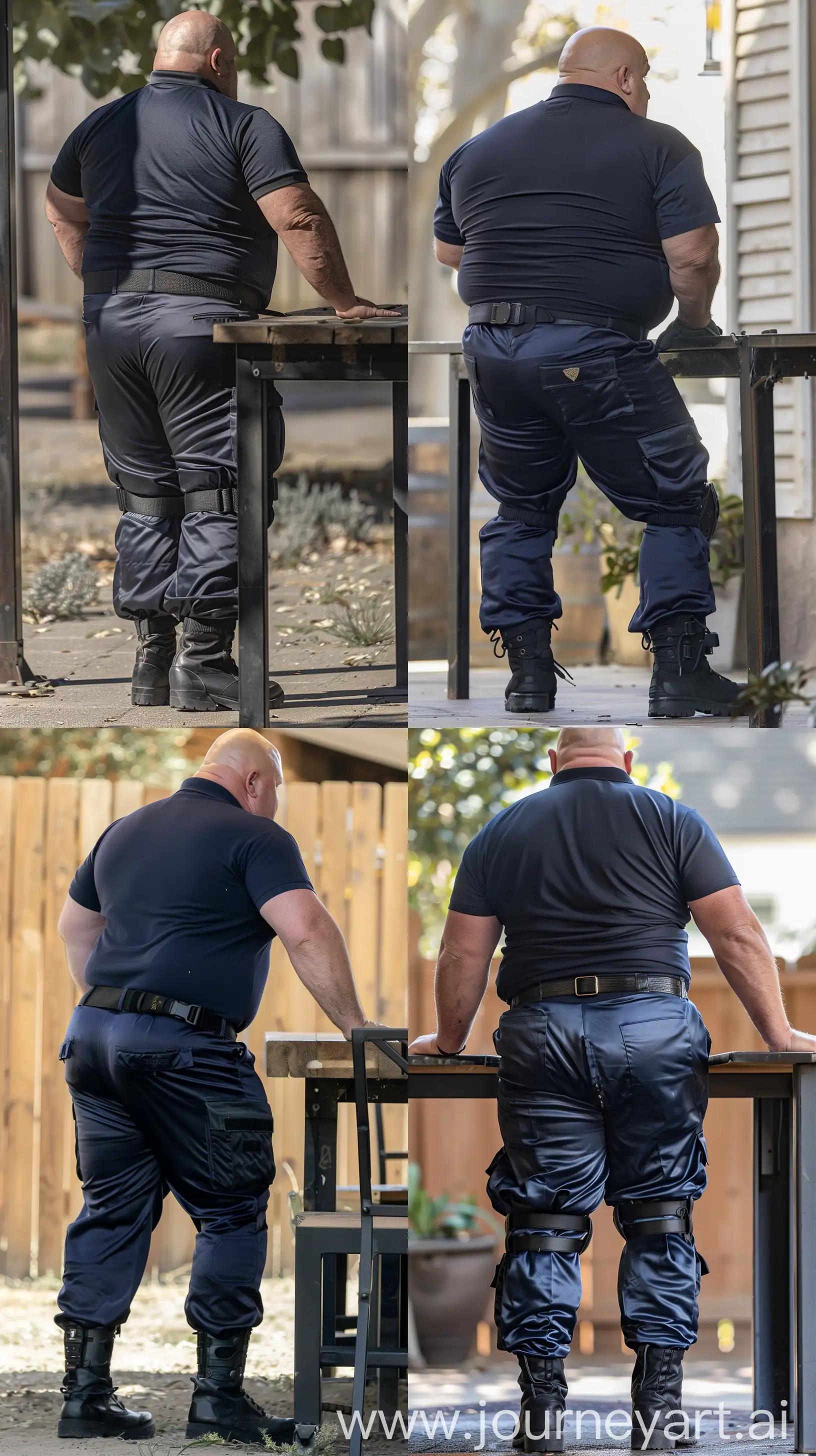 Close-up full body back view photo of a extremely fat man aged 60 standing next to a very high table. The man is wearing silk navy tight stretched battle pants tucked in black tactical boots, tucked in silk navy sport polo shirt and a black tactical belt. The man is standing straight with one leg extended in front of the other. Outside. Bald. Clean Shaven. Natural light. --ar 9:16