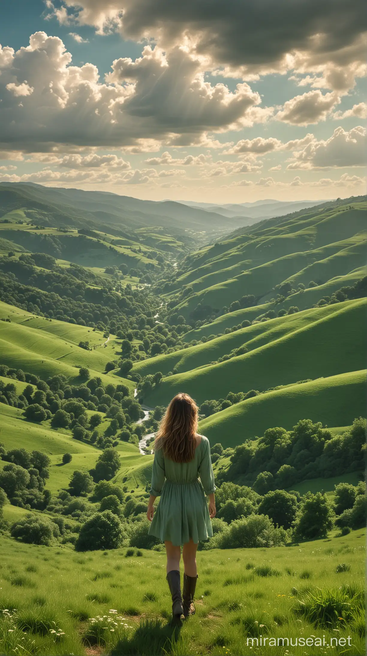 we are shown a photo where a girl close-up,  with her back to us is standing in front of a wide Panoramic view of flying over green hills, representing the seamless transition in the dream of flight. The landscape is rolling and expansive, with varying shades of green and occasional patches of trees and fields. The scene captures the beauty and tranquility of the hills from above, emphasizing the dreamlike and peaceful journey through nature.