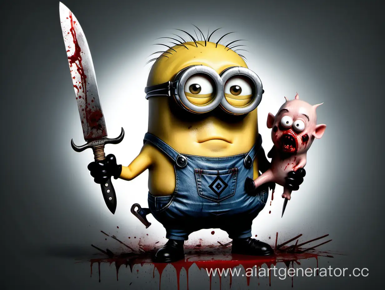 Very strong minion, with title on T-shirt "CBO" and pig in right arm and bloody knife in left arm