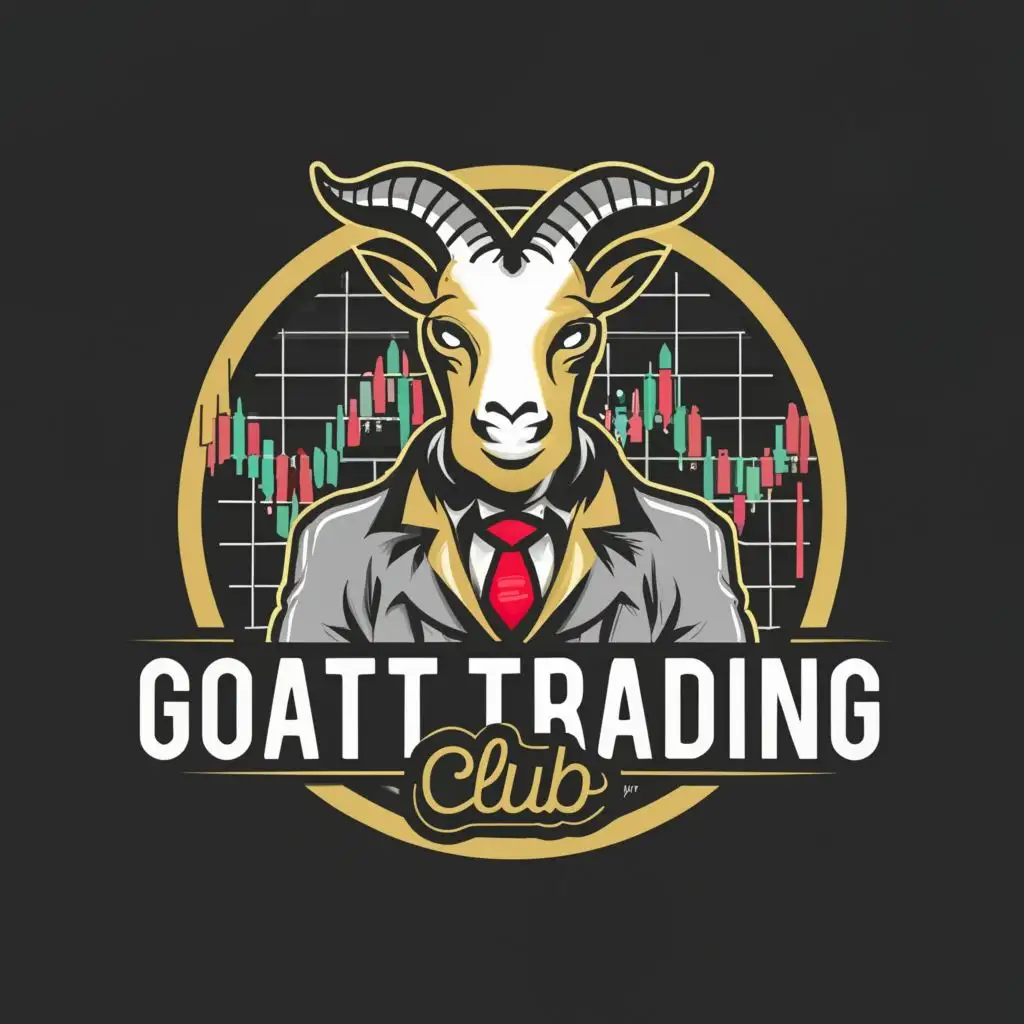 logo, Goat trading wearing a custome and a tie, in front of multiple screen. Black, White and gold color, and have some trading chart behind, with the text "Goat Trading Club", typography, be used in Finance industry